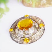 Vintage Silver Plated Scottish Kilt Pin With Large Amber Stone, Made In Great Britain Amber Brooch With Silver Thistle Design