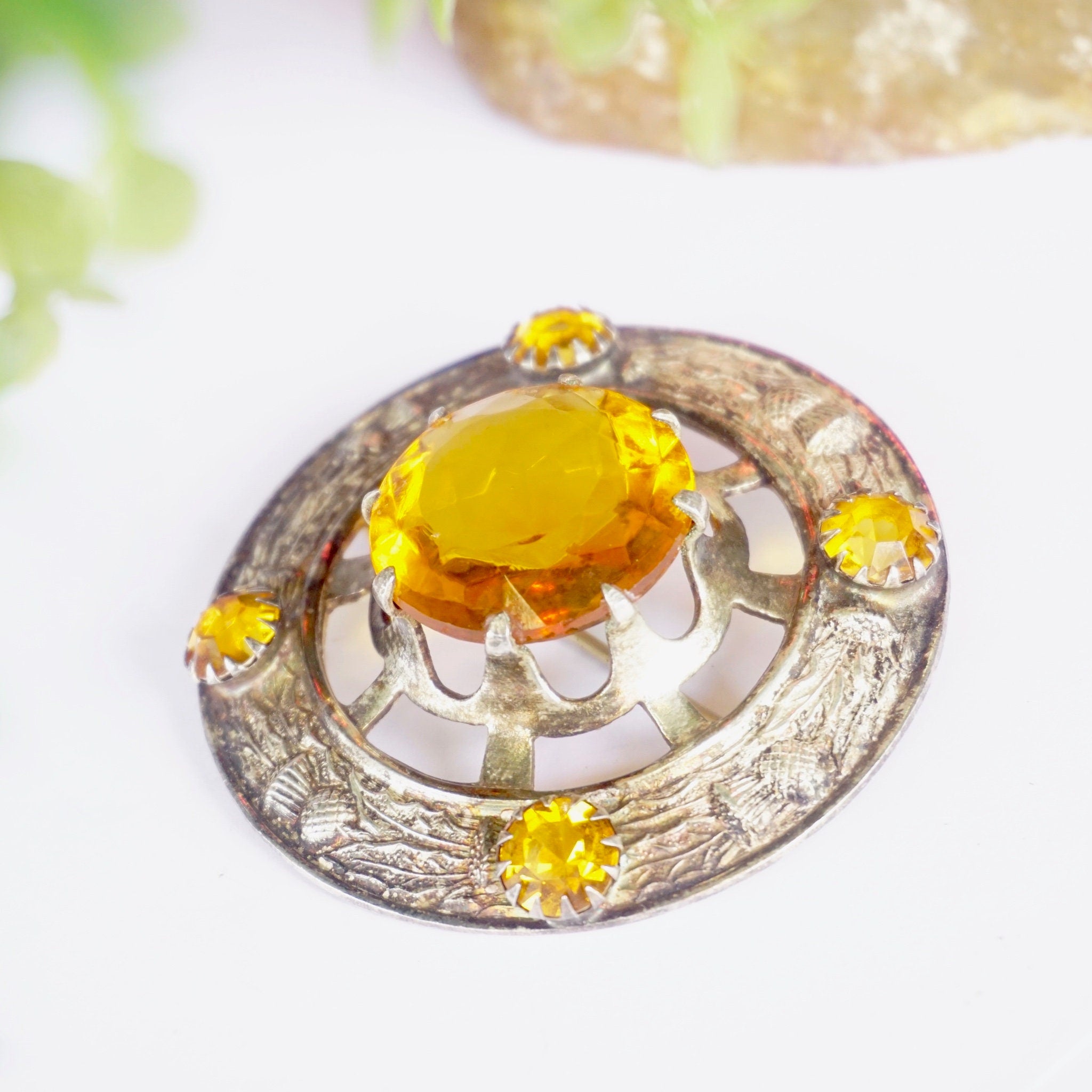 Vintage Silver Plated Scottish Kilt Pin With Large Amber Stone, Made In Great Britain Amber Brooch With Silver Thistle Design