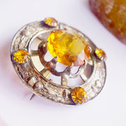 Vintage Silver Plated Scottish Kilt Pin With Large Amber Stone, Made In Great Britain Amber Brooch With Silver Thistle Design