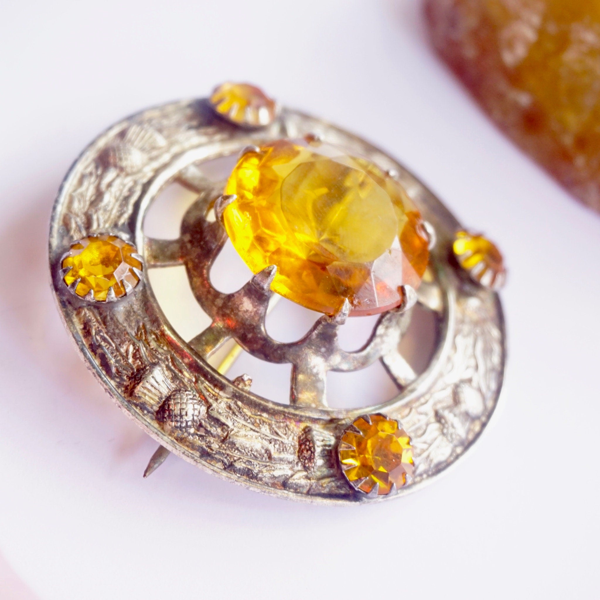 Vintage Silver Plated Scottish Kilt Pin With Large Amber Stone, Made In Great Britain Amber Brooch With Silver Thistle Design