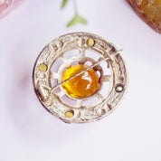 Vintage Silver Plated Scottish Kilt Pin With Large Amber Stone, Made In Great Britain Amber Brooch With Silver Thistle Design