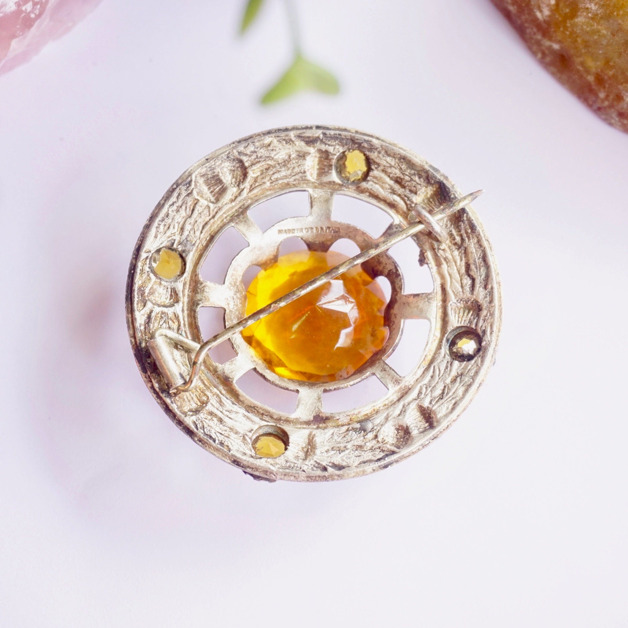 Vintage Silver Plated Scottish Kilt Pin With Large Amber Stone, Made In Great Britain Amber Brooch With Silver Thistle Design