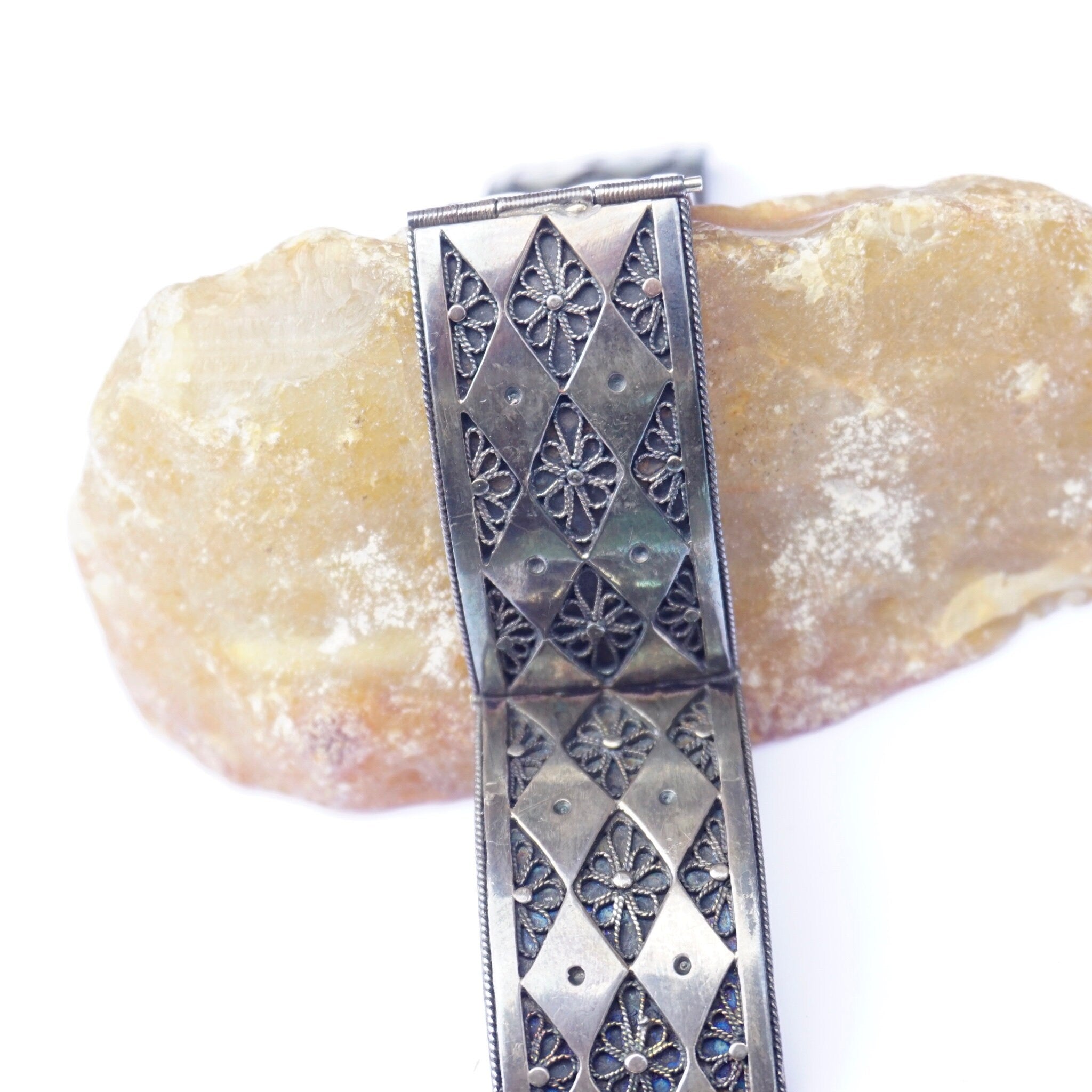 Vintage Sterling Silver Filagree Link Bracelet Made In Palestine, Silver Link Bracelet With Flower Details, Silver Link Bracelet