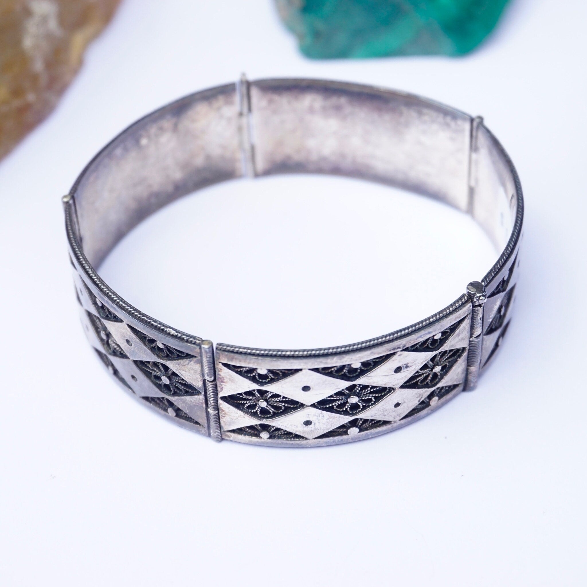 Vintage Sterling Silver Filagree Link Bracelet Made In Palestine, Silver Link Bracelet With Flower Details, Silver Link Bracelet