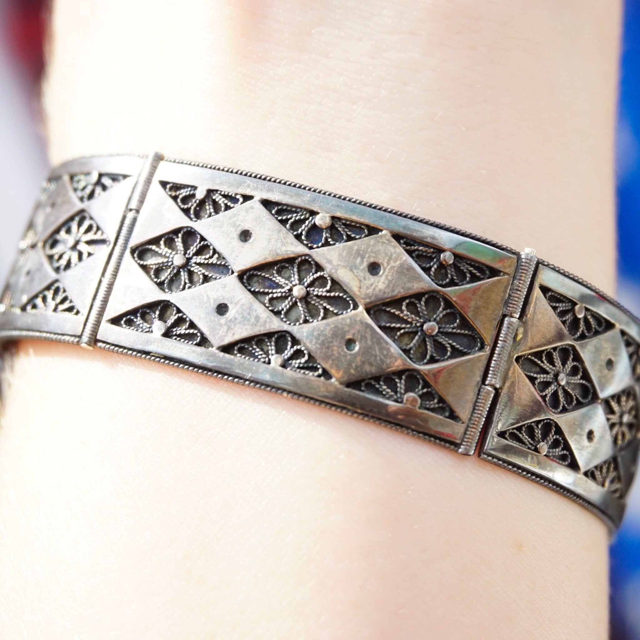 Vintage Sterling Silver Filagree Link Bracelet Made In Palestine, Silver Link Bracelet With Flower Details, Silver Link Bracelet