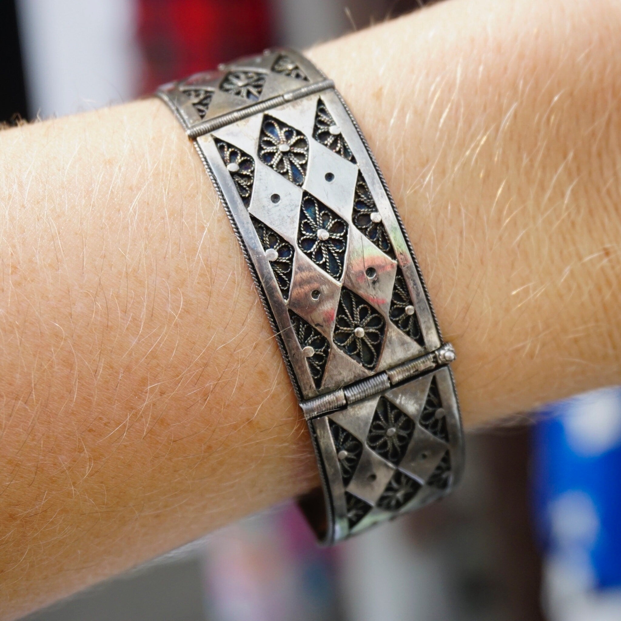 Vintage Sterling Silver Filagree Link Bracelet Made In Palestine, Silver Link Bracelet With Flower Details, Silver Link Bracelet