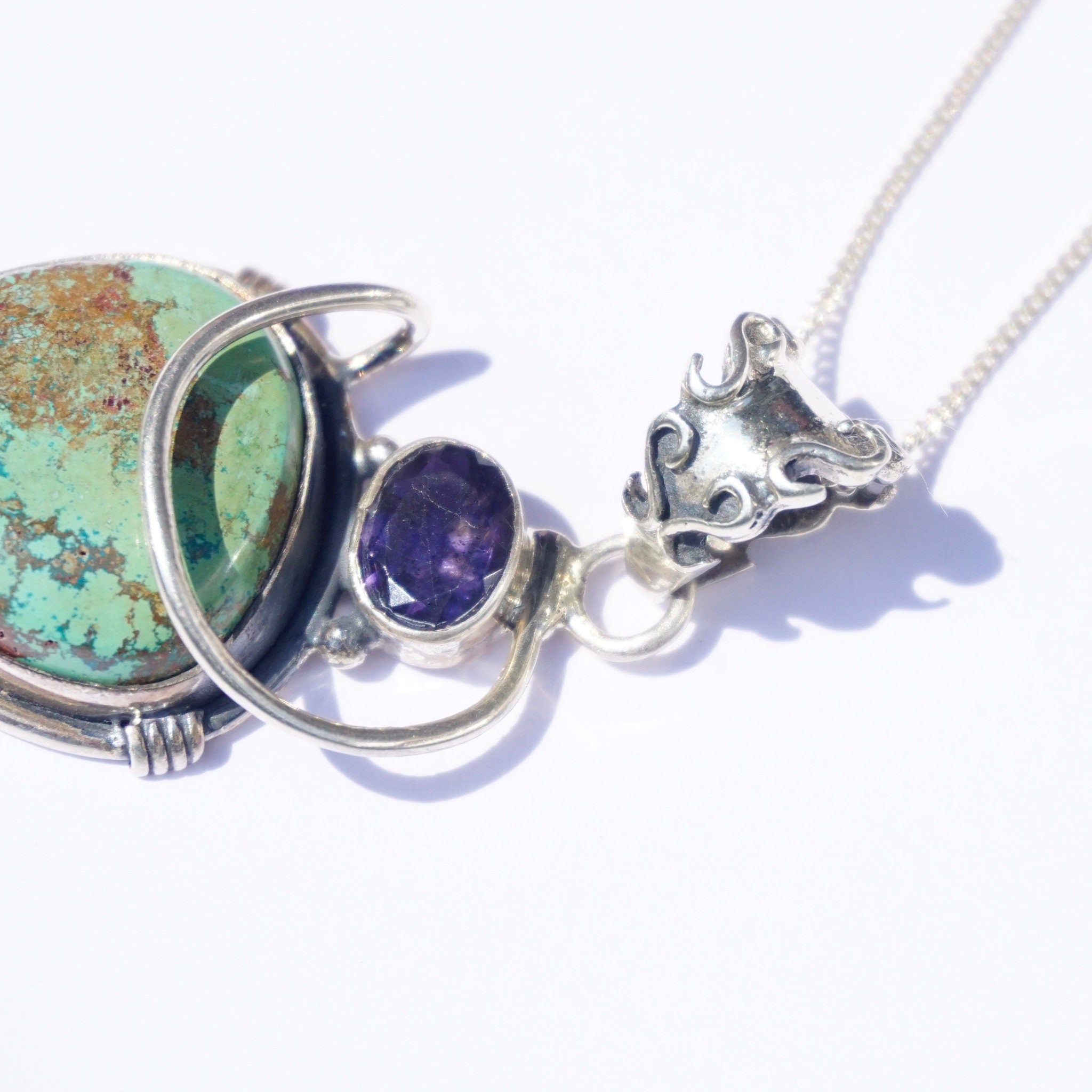 Vintage Italian Sterling Silver Turquoise and Amethyst Necklace, Unique Turquoise Necklace With Amethyst Gemstone, Italian Made Necklace