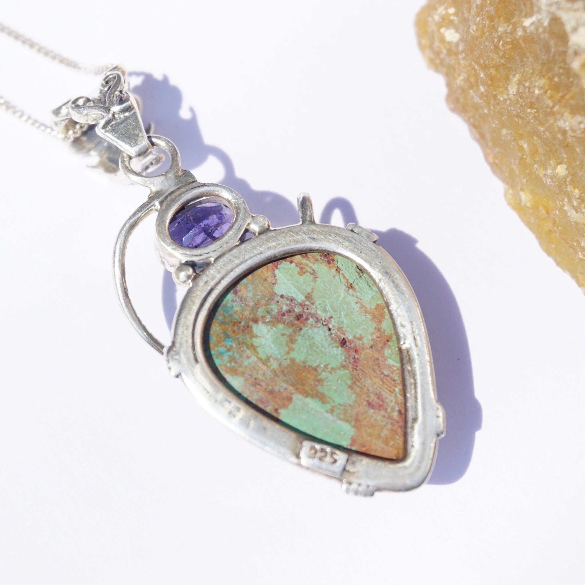 Vintage Italian Sterling Silver Turquoise and Amethyst Necklace, Unique Turquoise Necklace With Amethyst Gemstone, Italian Made Necklace