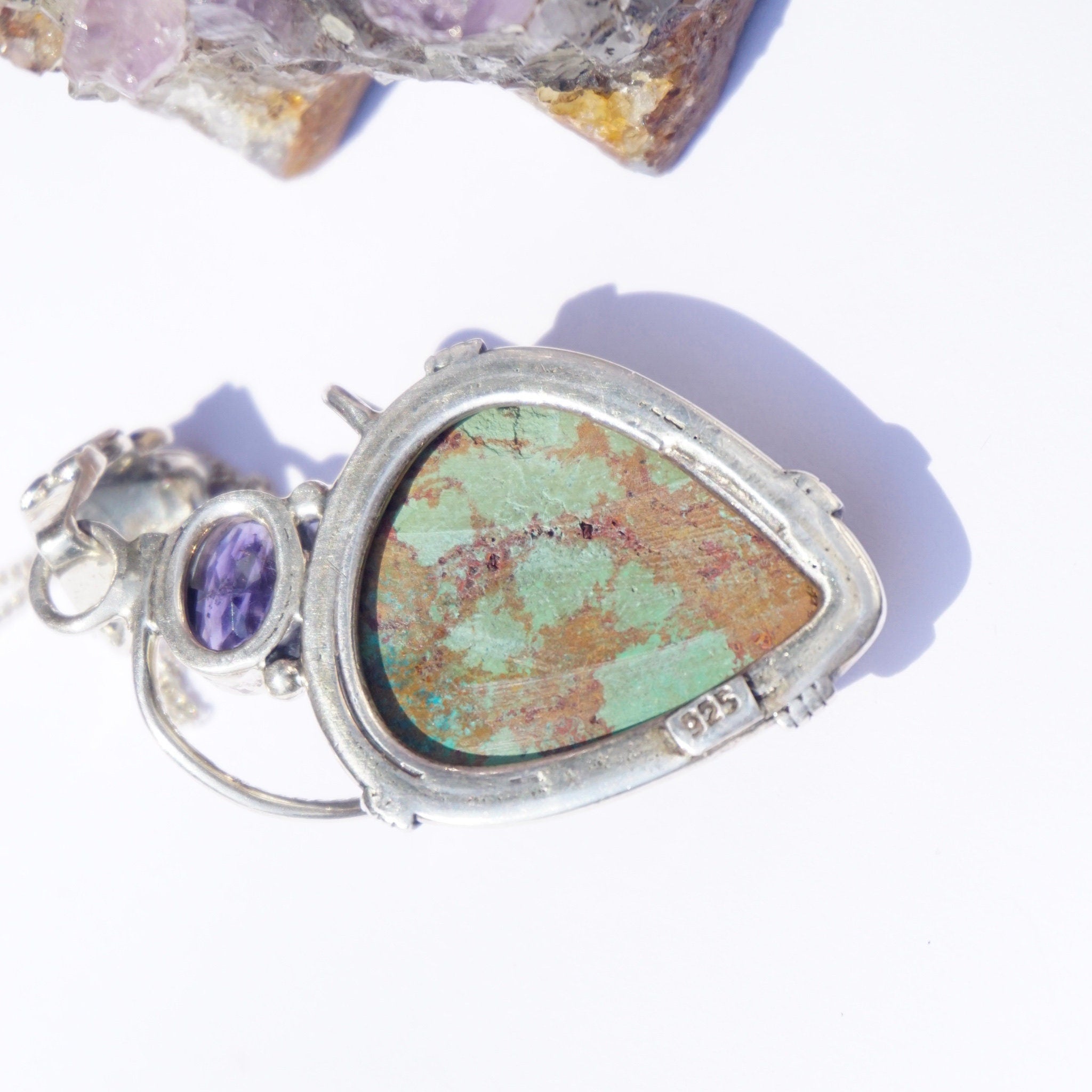 Vintage Italian Sterling Silver Turquoise and Amethyst Necklace, Unique Turquoise Necklace With Amethyst Gemstone, Italian Made Necklace