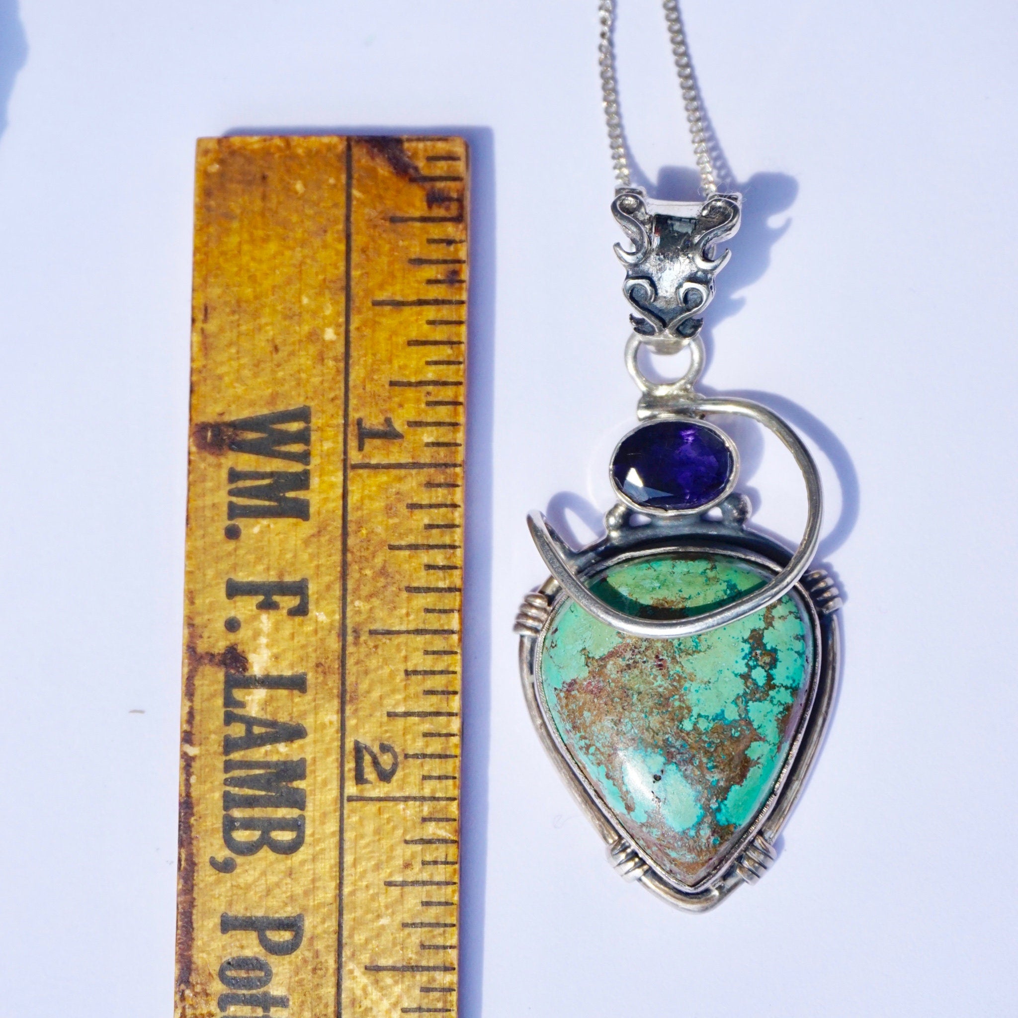 Vintage Italian Sterling Silver Turquoise and Amethyst Necklace, Unique Turquoise Necklace With Amethyst Gemstone, Italian Made Necklace