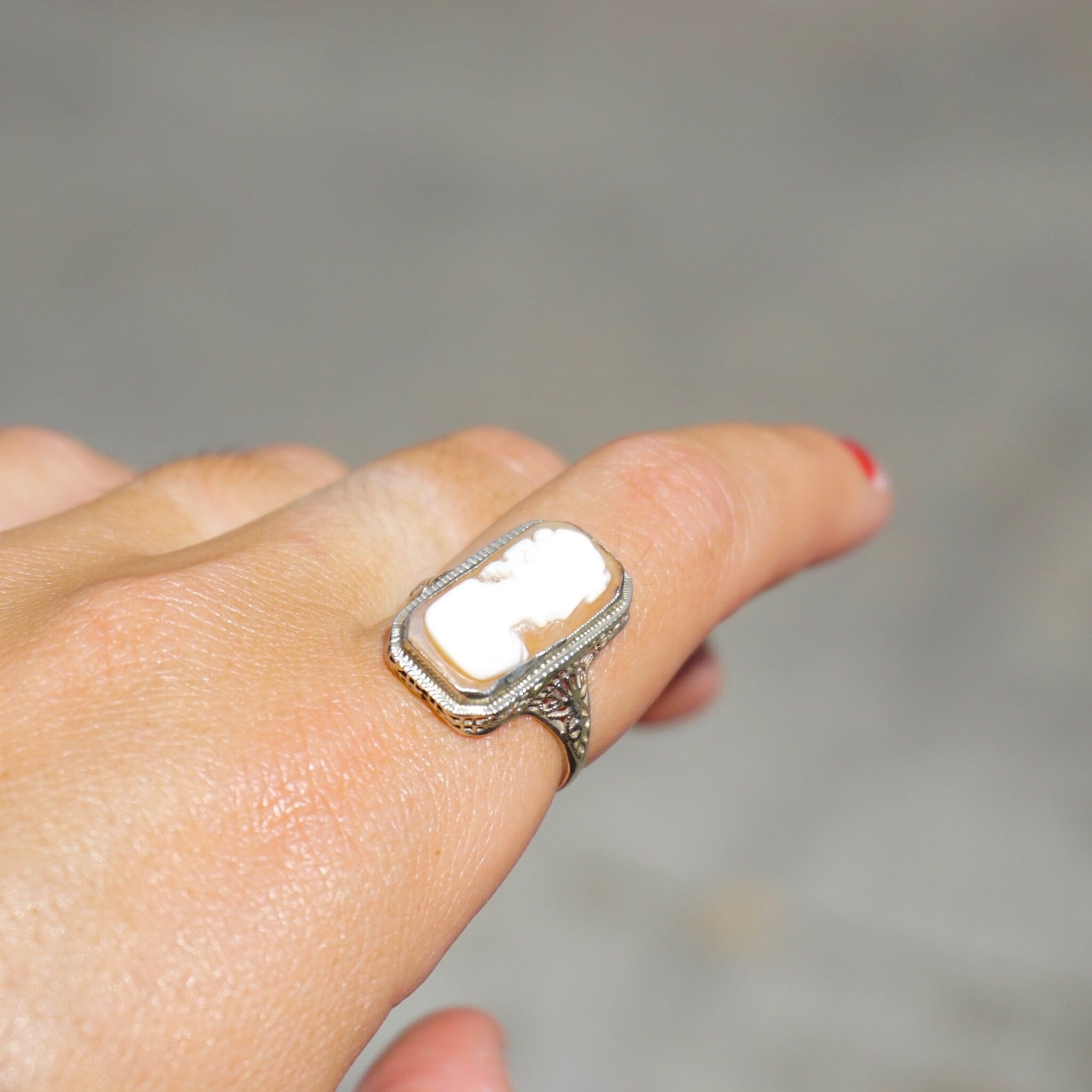 Vintage 14K White Gold Square Cameo Ring, Antique Cameo Ring, Unique Square Woman Cameo Ring, Authentic Cameo, Beautiful Gold Cameo Ring