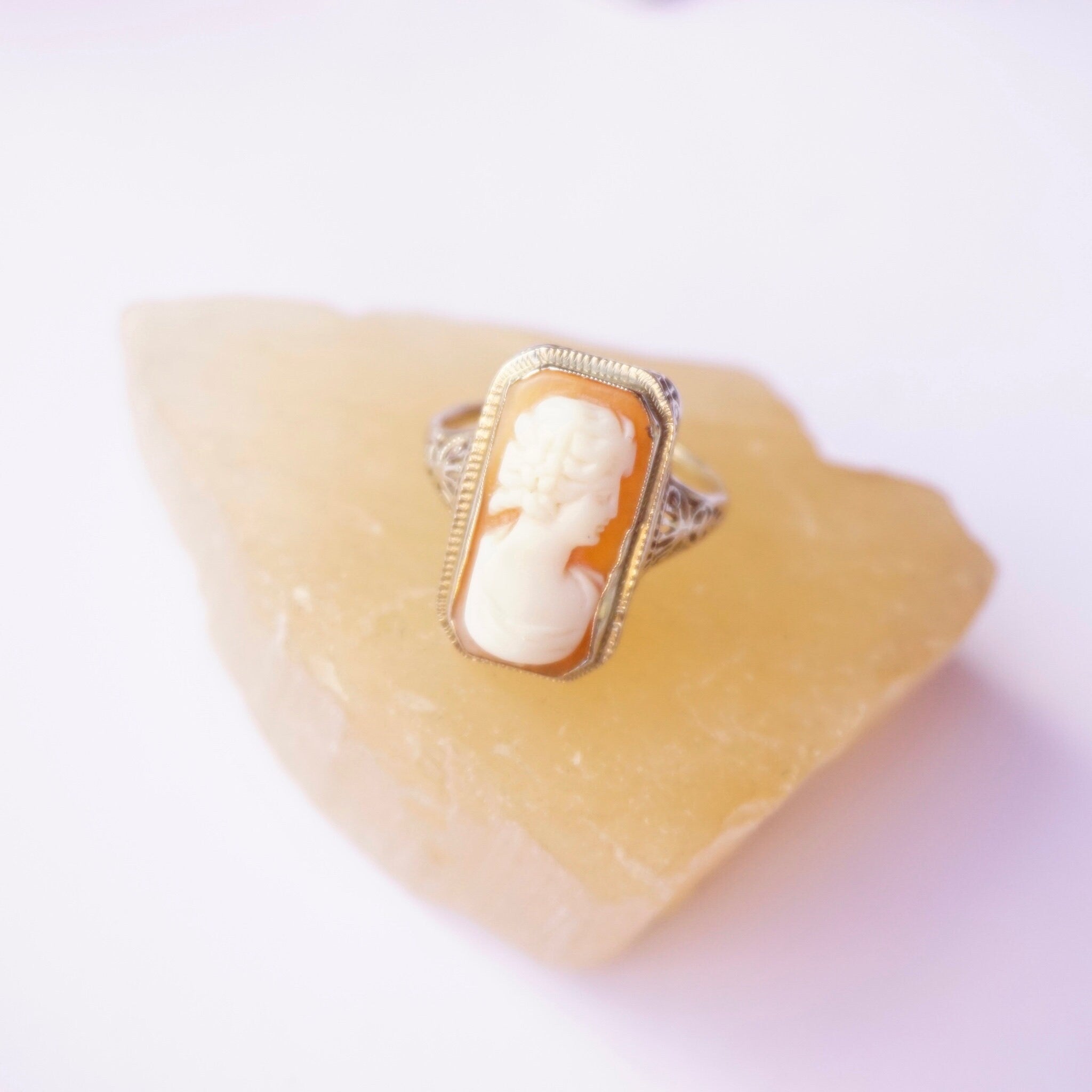 Vintage 14K White Gold Square Cameo Ring, Antique Cameo Ring, Unique Square Woman Cameo Ring, Authentic Cameo, Beautiful Gold Cameo Ring