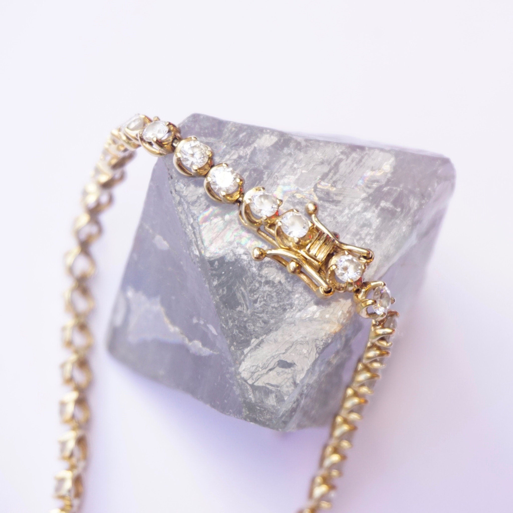 Vintage 14K Diamonique Cubic Zirconia Tennis Bracelet, Beautiful 8 inch Gold and Diamond Tennis Bracelet, Gold Tennis Bracelet Made In Korea