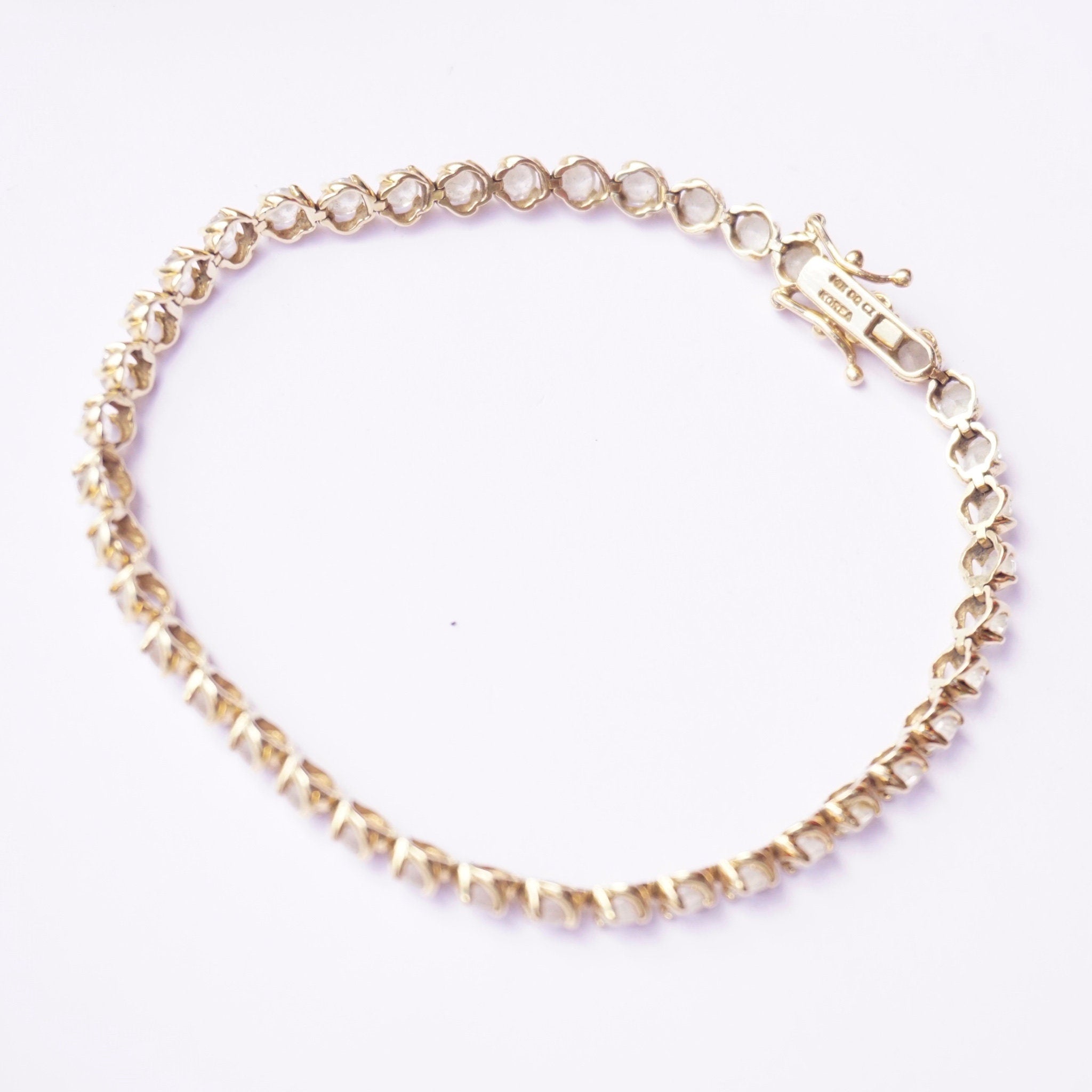 Vintage 14K Diamonique Cubic Zirconia Tennis Bracelet, Beautiful 8 inch Gold and Diamond Tennis Bracelet, Gold Tennis Bracelet Made In Korea