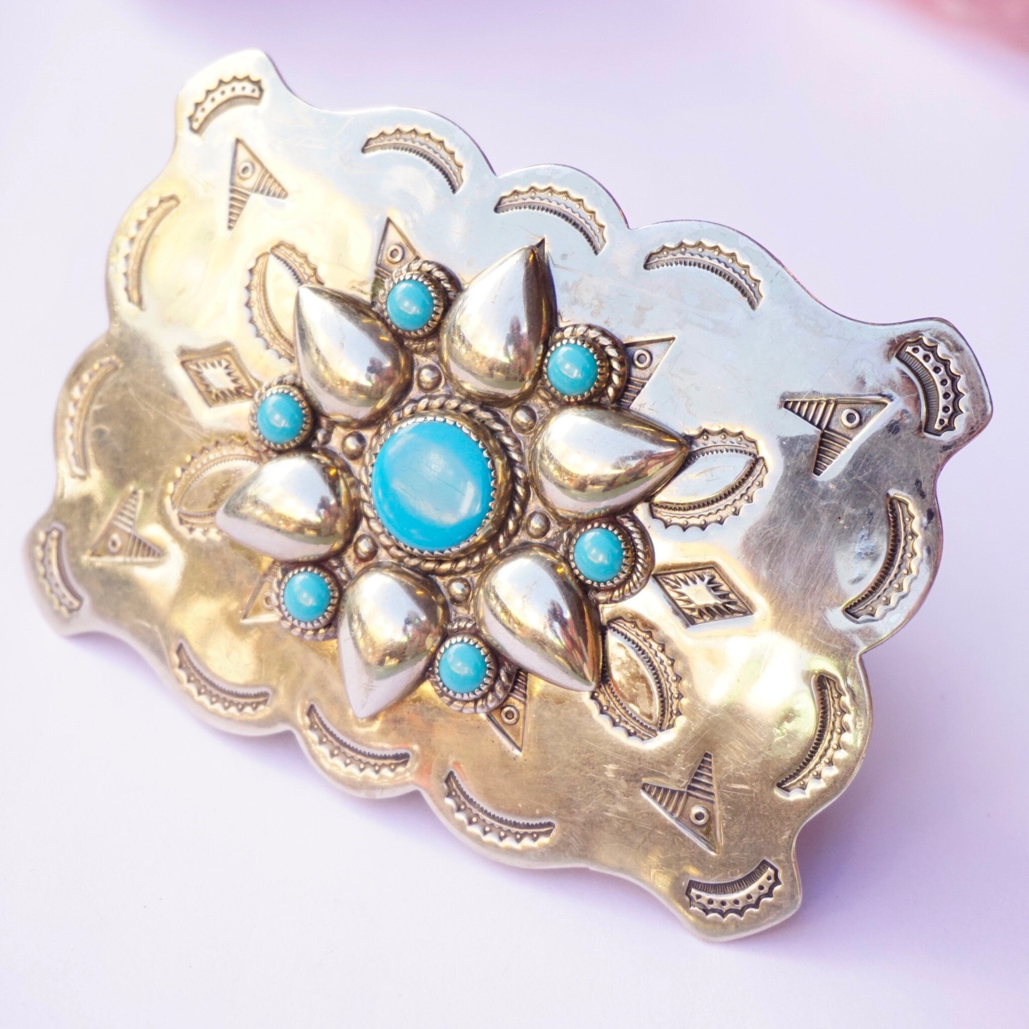 Vintage Turquoise Nickel Silver Bell Belt Buckle, Rectangle Cowboy Belt Buckle, Unique Southwest Turquoise Belt Buckle, Silver Belt Buckle