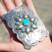 Vintage Turquoise Nickel Silver Bell Belt Buckle, Rectangle Cowboy Belt Buckle, Unique Southwest Turquoise Belt Buckle, Silver Belt Buckle