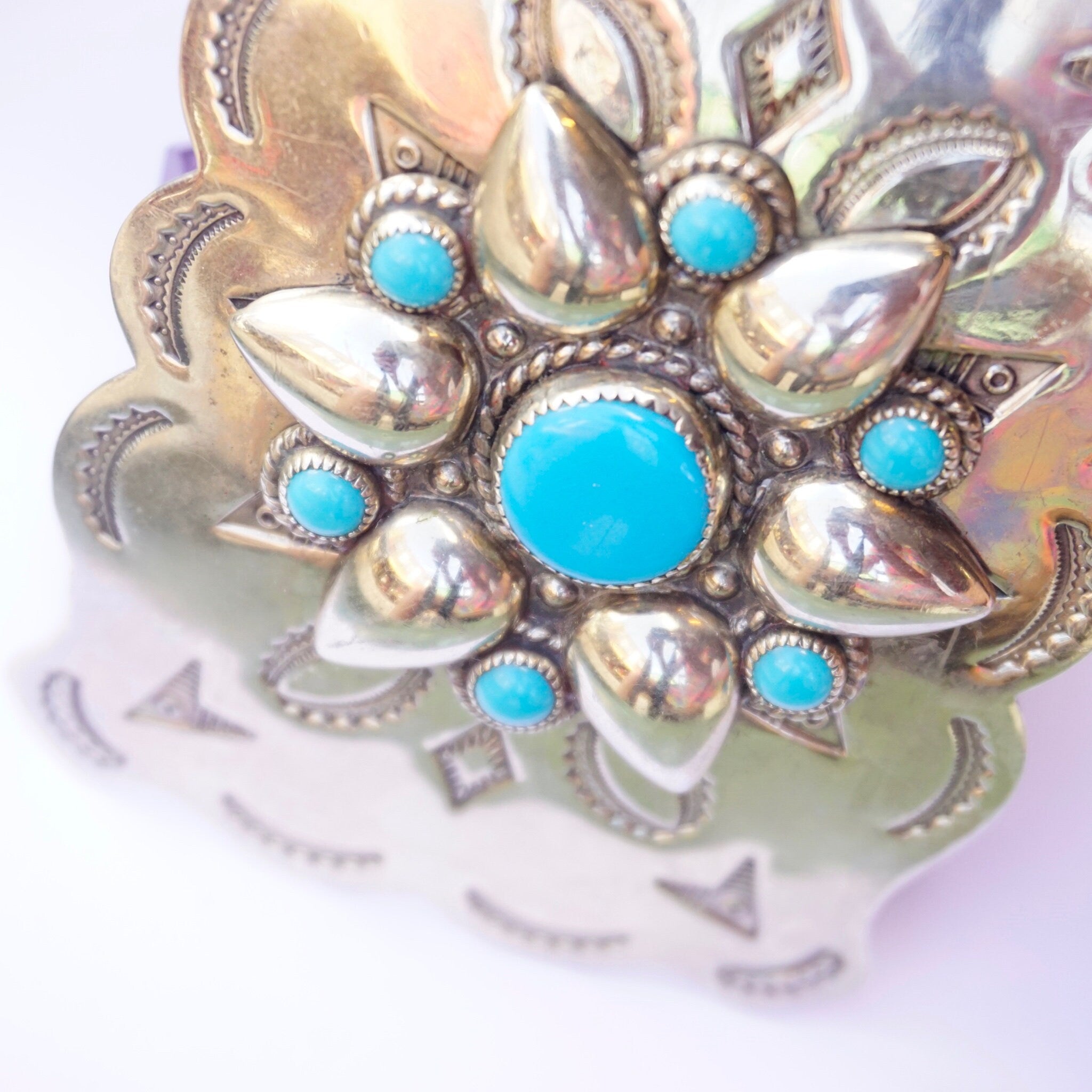 Vintage Turquoise Nickel Silver Bell Belt Buckle, Rectangle Cowboy Belt Buckle, Unique Southwest Turquoise Belt Buckle, Silver Belt Buckle