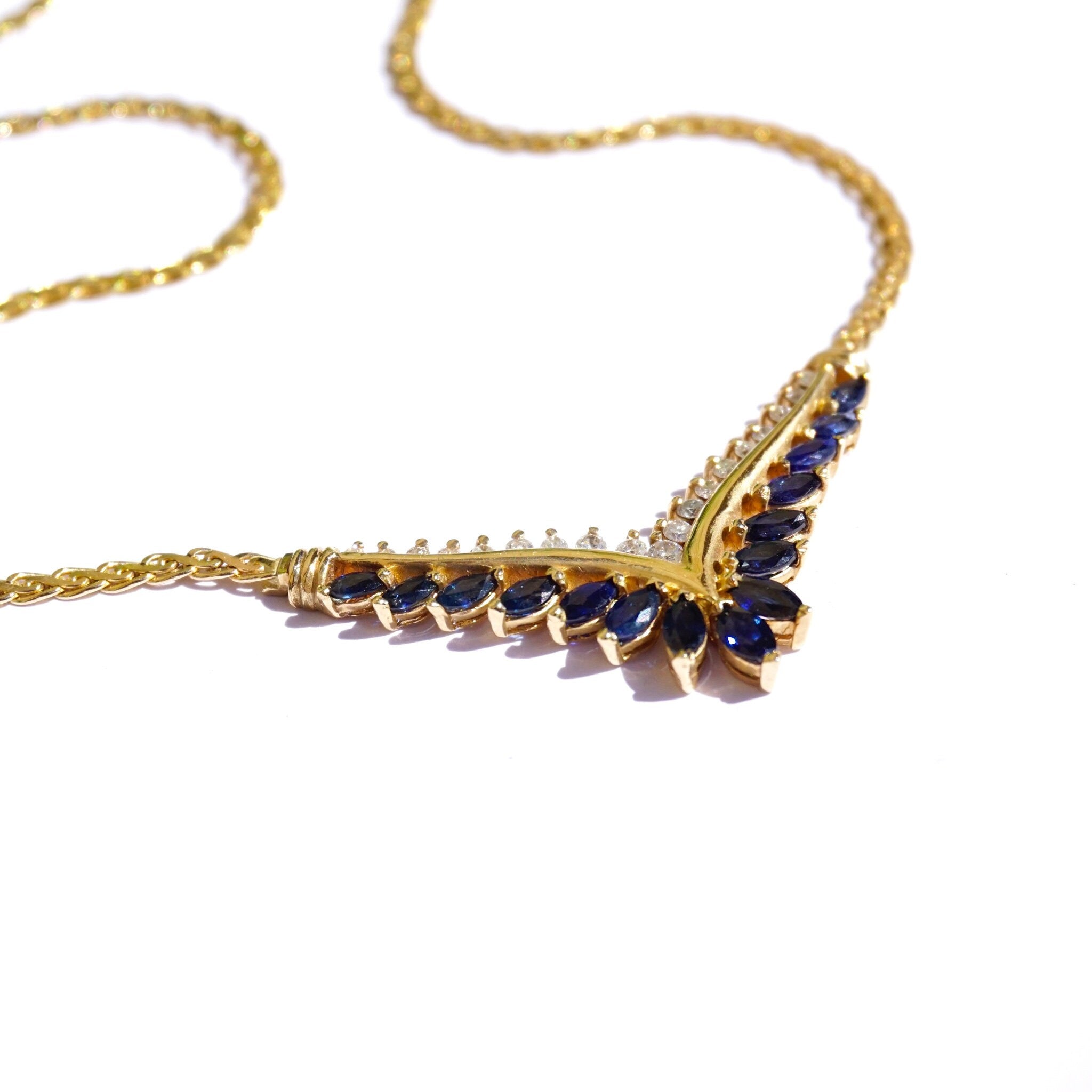 Vintage 14k Gold Sapphire and Diamond Choker Necklace, Elegant Gold Necklace With Diamonds and Sapphire Stones, BJ Gold Choker Necklace