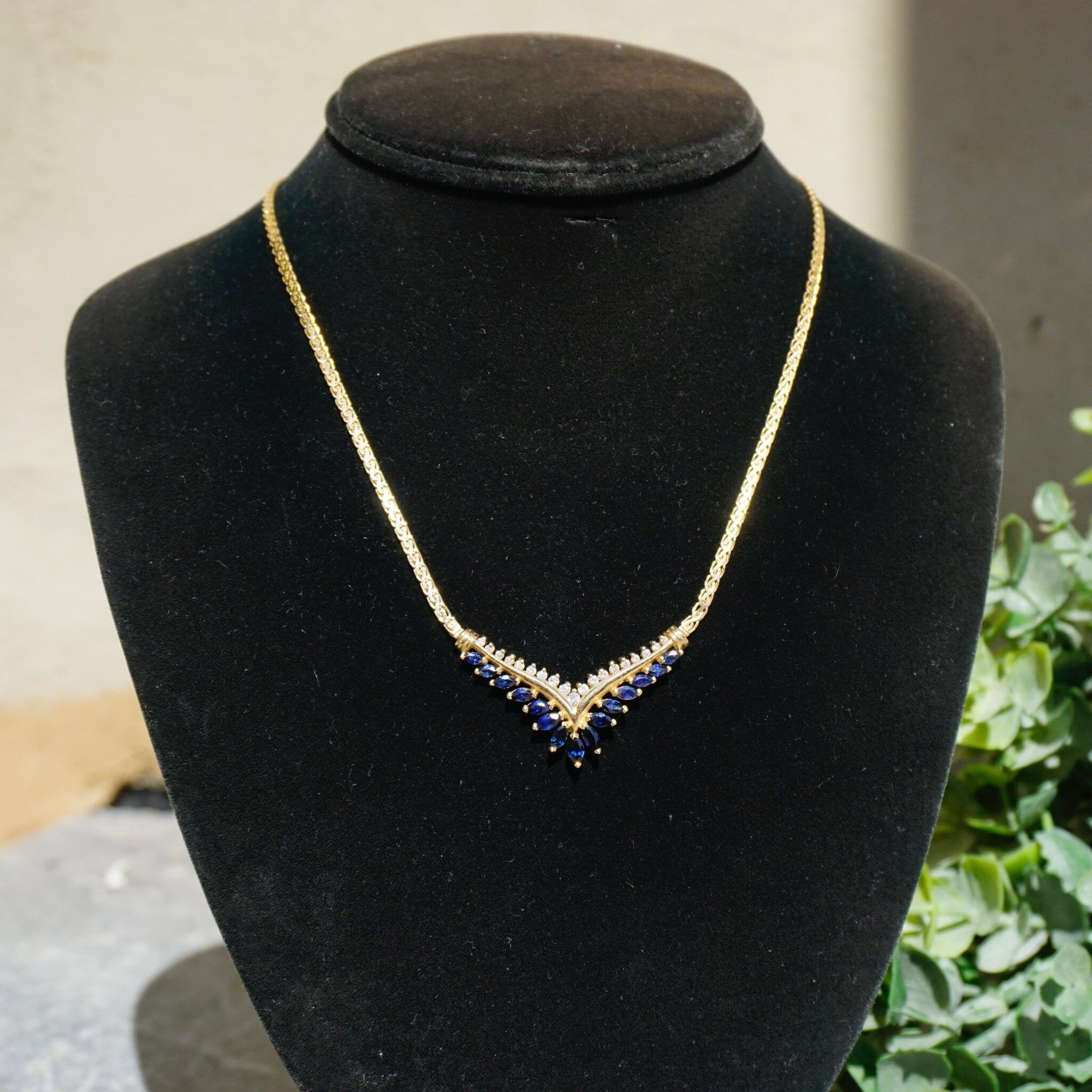 Vintage 14k Gold Sapphire and Diamond Choker Necklace, Elegant Gold Necklace With Diamonds and Sapphire Stones, BJ Gold Choker Necklace