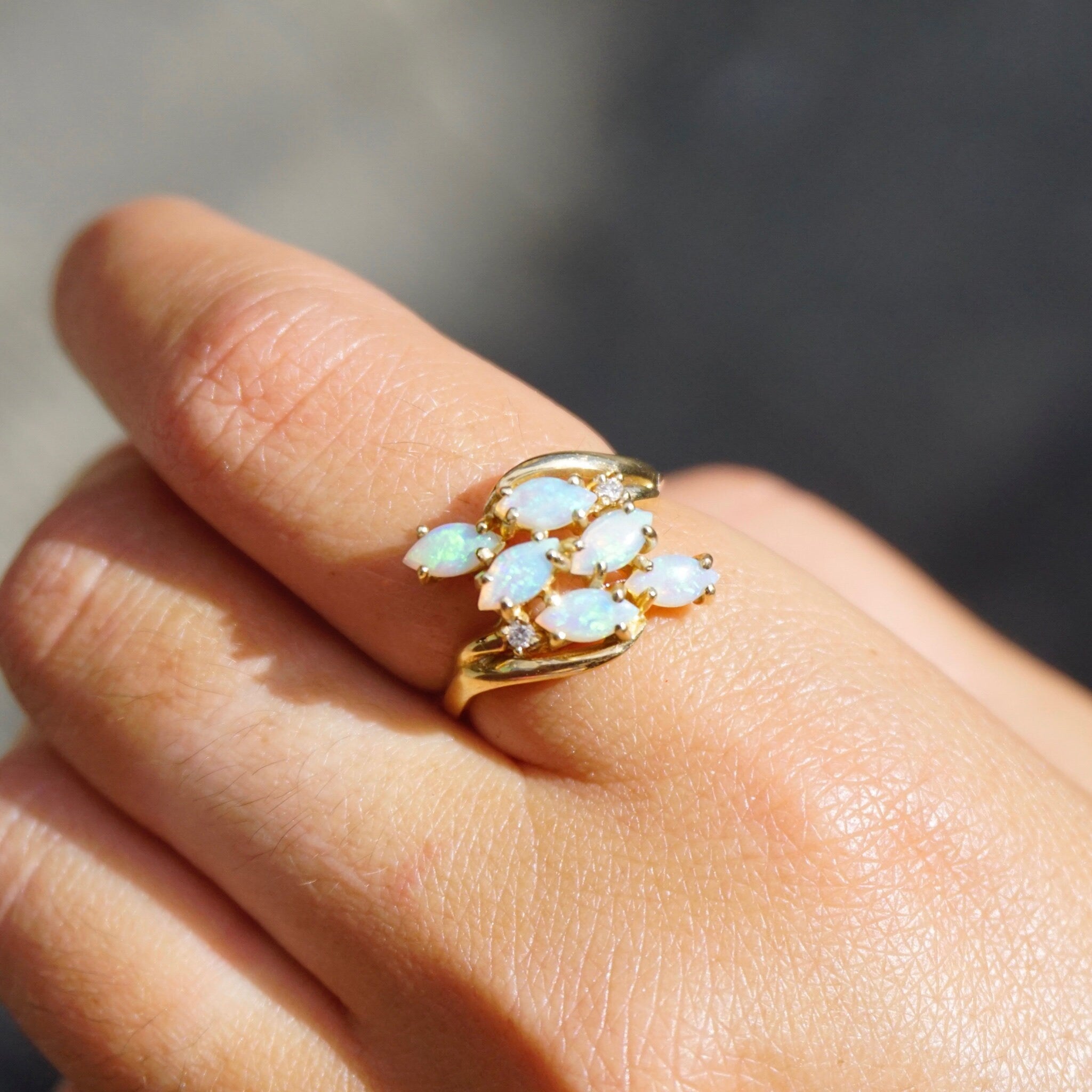 Vintage 14k Gold Opal Ring, Beautiful Gold Ring with Multiple Opal Stones, Gold Set Opal Ring, Size 7.5 US Gold Ring, Unique Opal Ring