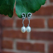 Vintage 14K White Gold Diamond and Pearl Earrings, Beautiful Pearl Drop Earrings With Diamond Accents, Delicate White Gold Stud Earrings