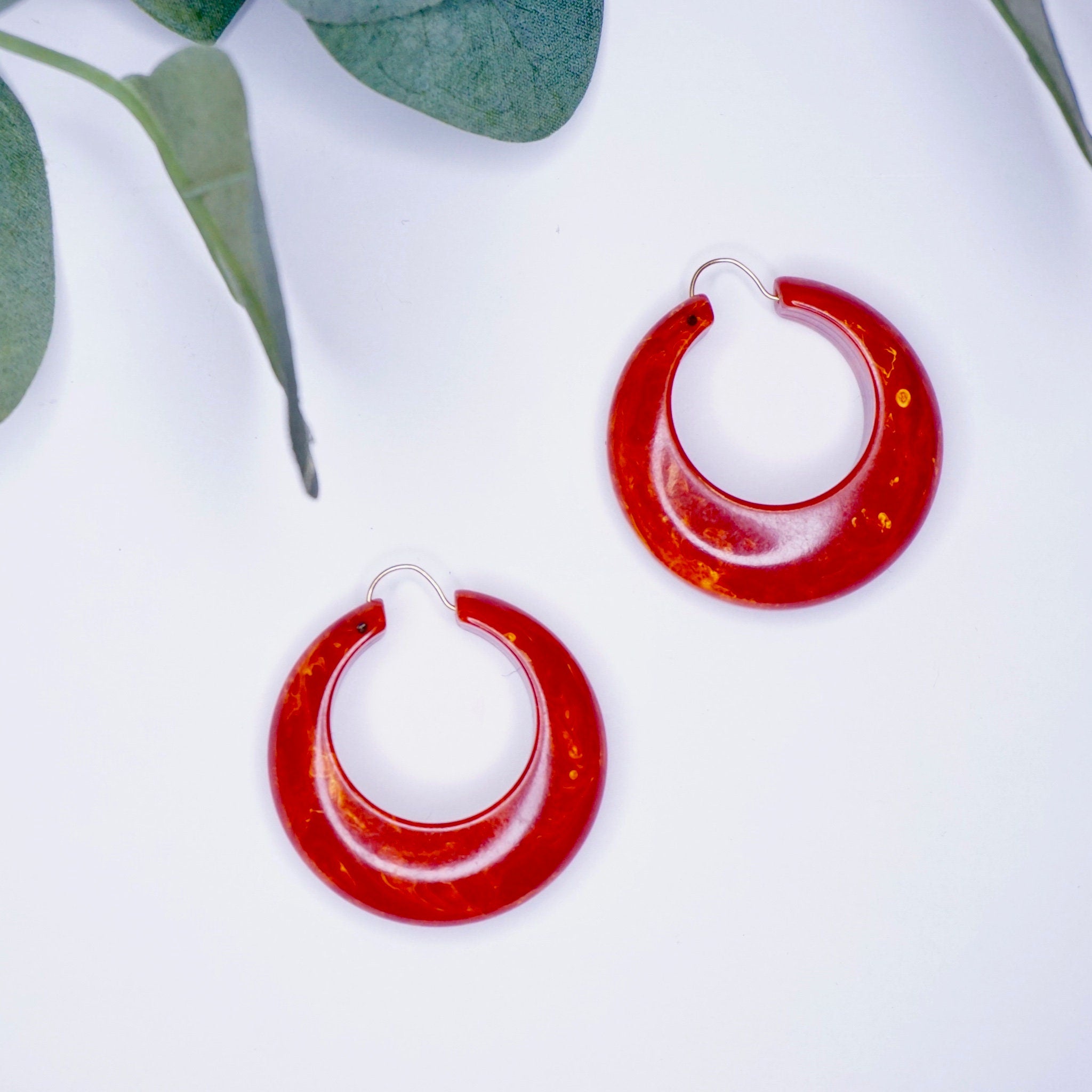 Vintage Bakelite Hoop Earrings, Red and Orange Marbled Bakelite Earrings, 1960's Style Hoop Earrings, Unique Hoop Earrings