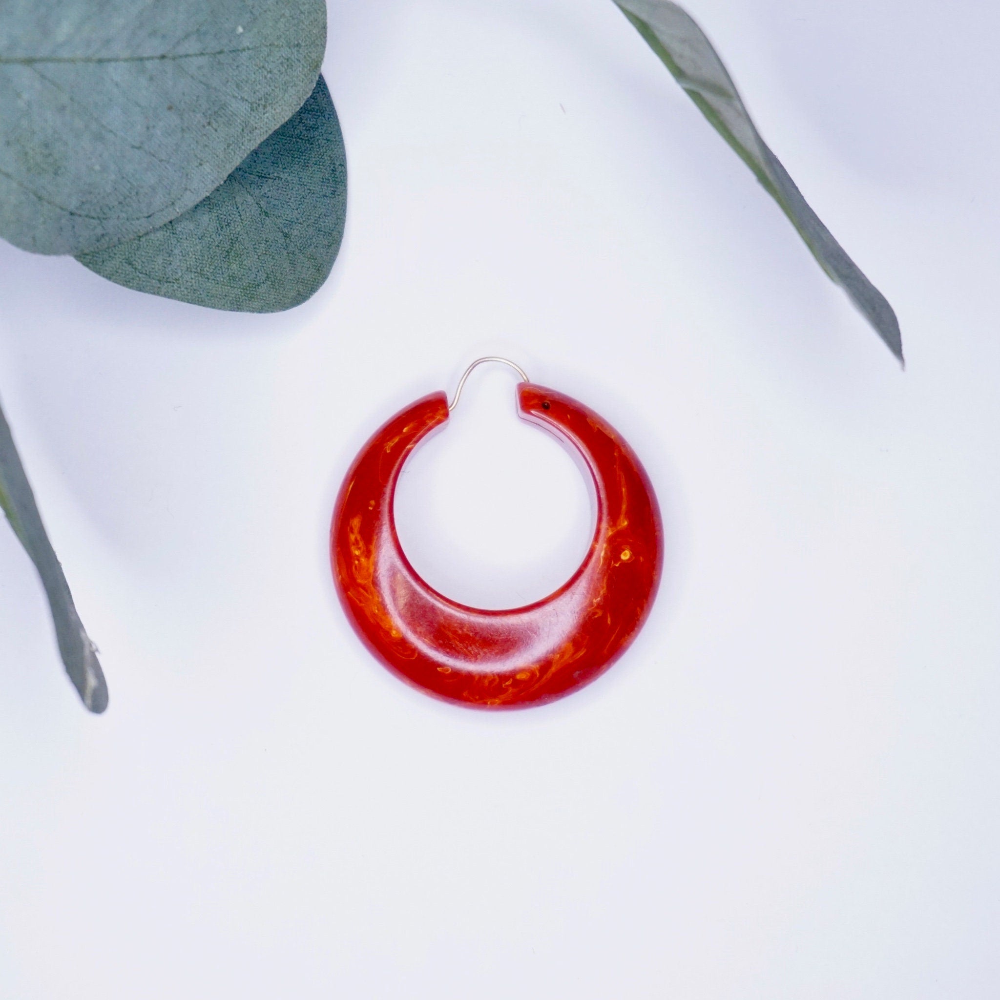 Vintage Bakelite Hoop Earrings, Red and Orange Marbled Bakelite Earrings, 1960's Style Hoop Earrings, Unique Hoop Earrings