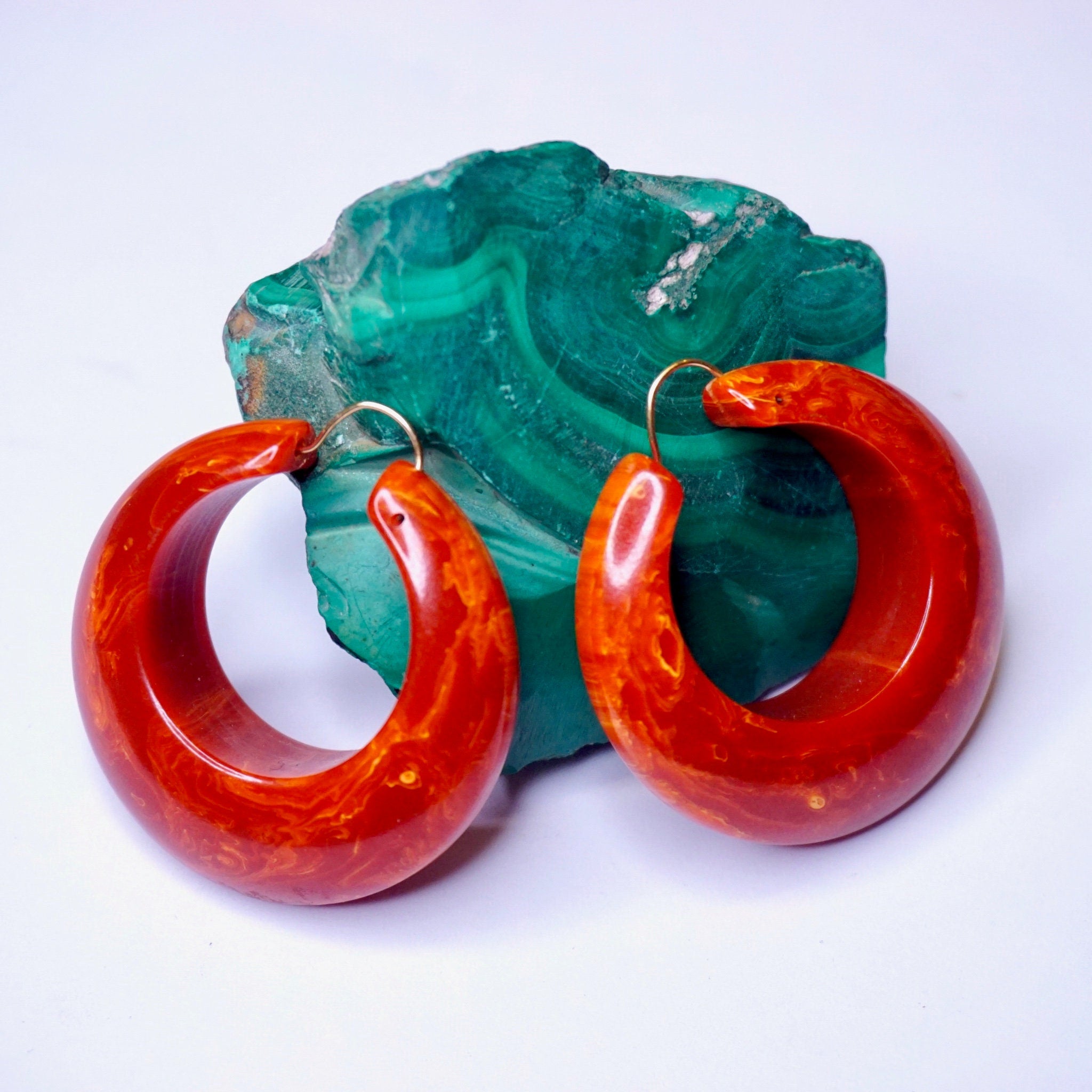 Vintage Bakelite Hoop Earrings, Red and Orange Marbled Bakelite Earrings, 1960's Style Hoop Earrings, Unique Hoop Earrings