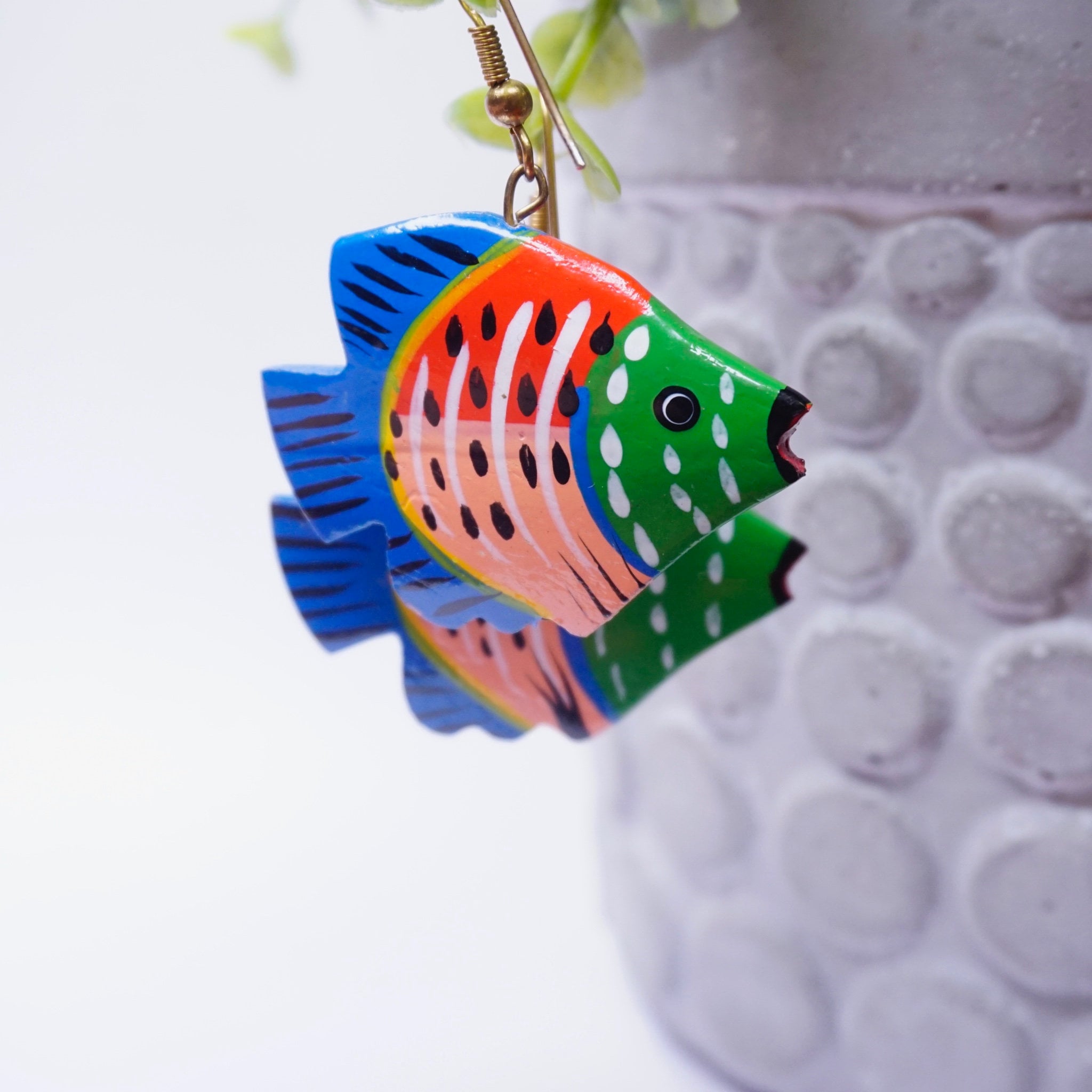Vintage Wood Carved Fish Earrings, Colorful Painted Wood Dangle Earrings, Handmade Wooden Earrings, Cute Statement Earrings