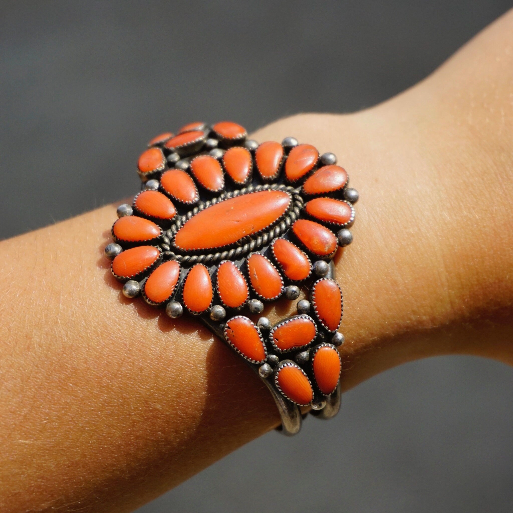Navajo Coral Bracelet Cuff, Old Pawn Jewelry