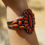 Vintage Native American Sterling Silver Coral Cluster Bracelet Cuff, Large Multi-Stone Zuni/Navajo Coral Bracelet Cuff, Old Pawn Jewelry