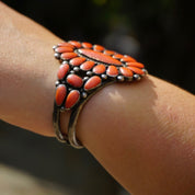 Vintage Native American Sterling Silver Coral Cluster Bracelet Cuff, Large Multi-Stone Zuni/Navajo Coral Bracelet Cuff, Old Pawn Jewelry