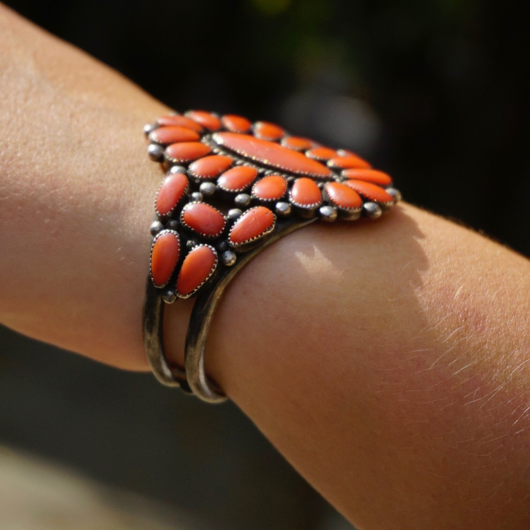 Vintage Native American Sterling Silver Coral Cluster Bracelet Cuff, Large Multi-Stone Zuni/Navajo Coral Bracelet Cuff, Old Pawn Jewelry