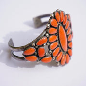 Vintage Native American Sterling Silver Coral Cluster Bracelet Cuff, Large Multi-Stone Zuni/Navajo Coral Bracelet Cuff, Old Pawn Jewelry