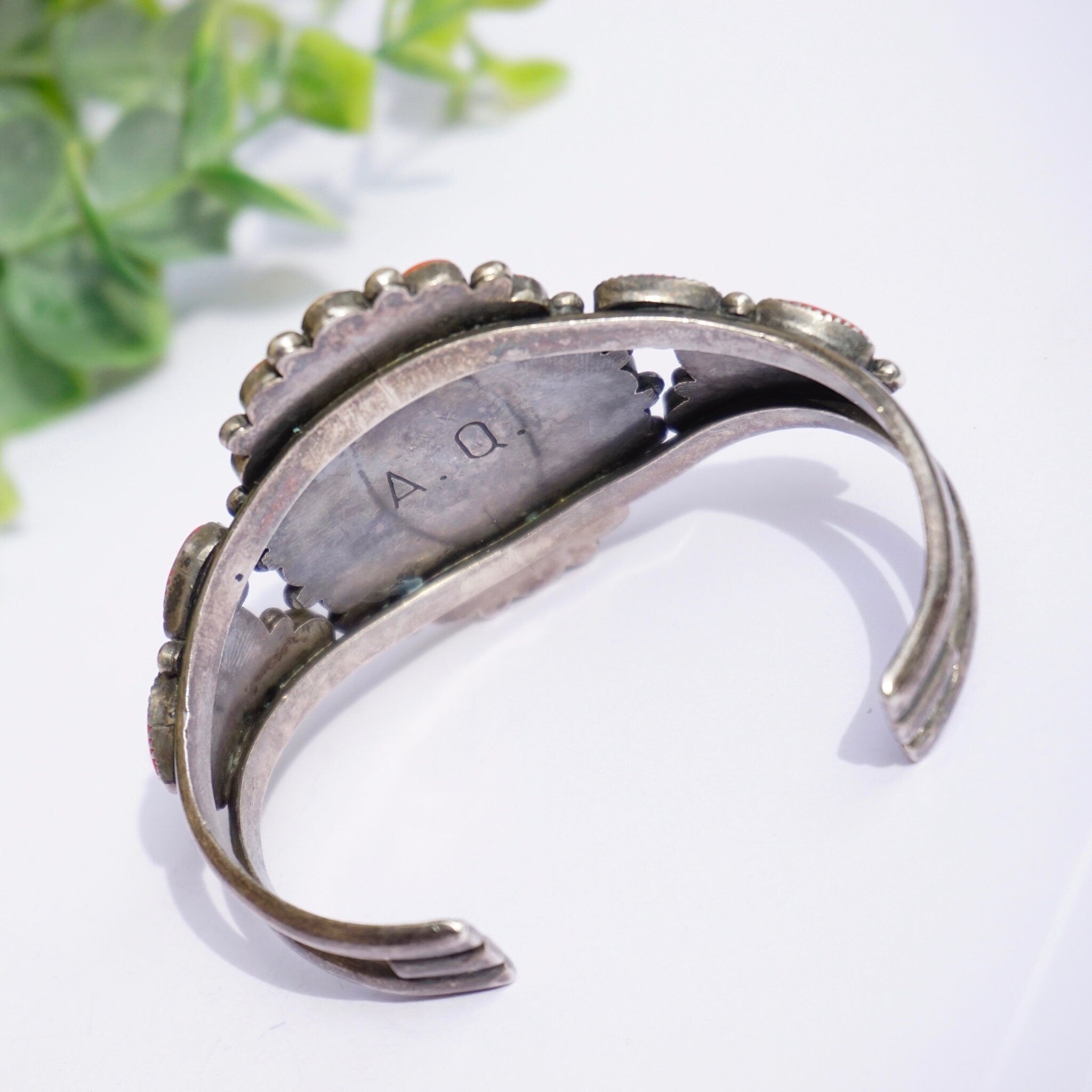 Vintage Native American Sterling Silver Coral Cluster Bracelet Cuff, Large Multi-Stone Zuni/Navajo Coral Bracelet Cuff, Old Pawn Jewelry