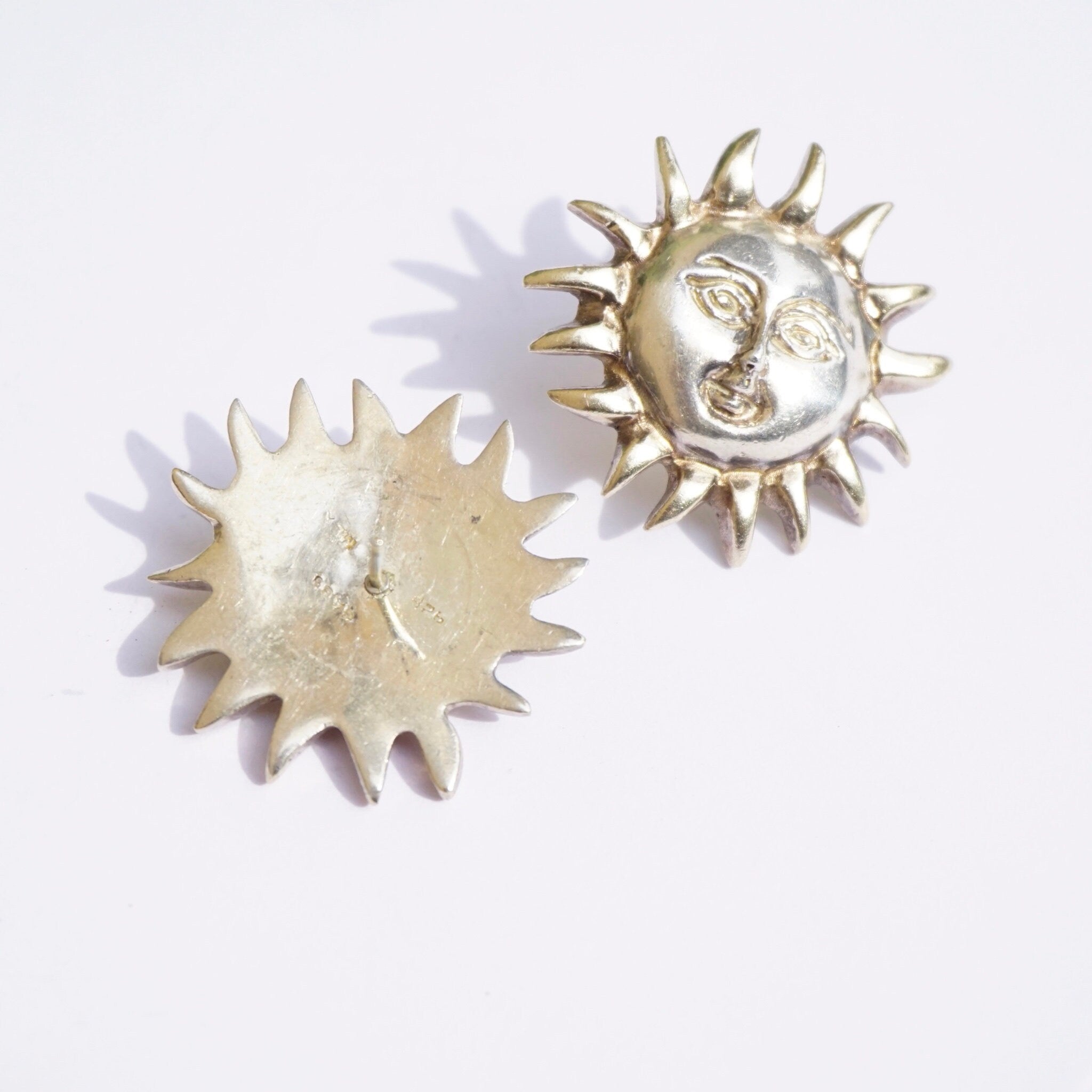 Vintage Sterling Silver Sun God Earrings, Beautiful Hand Hammered Stud Earrings, Silver Sun With Face Earrings, Made In Mexico Jewelry