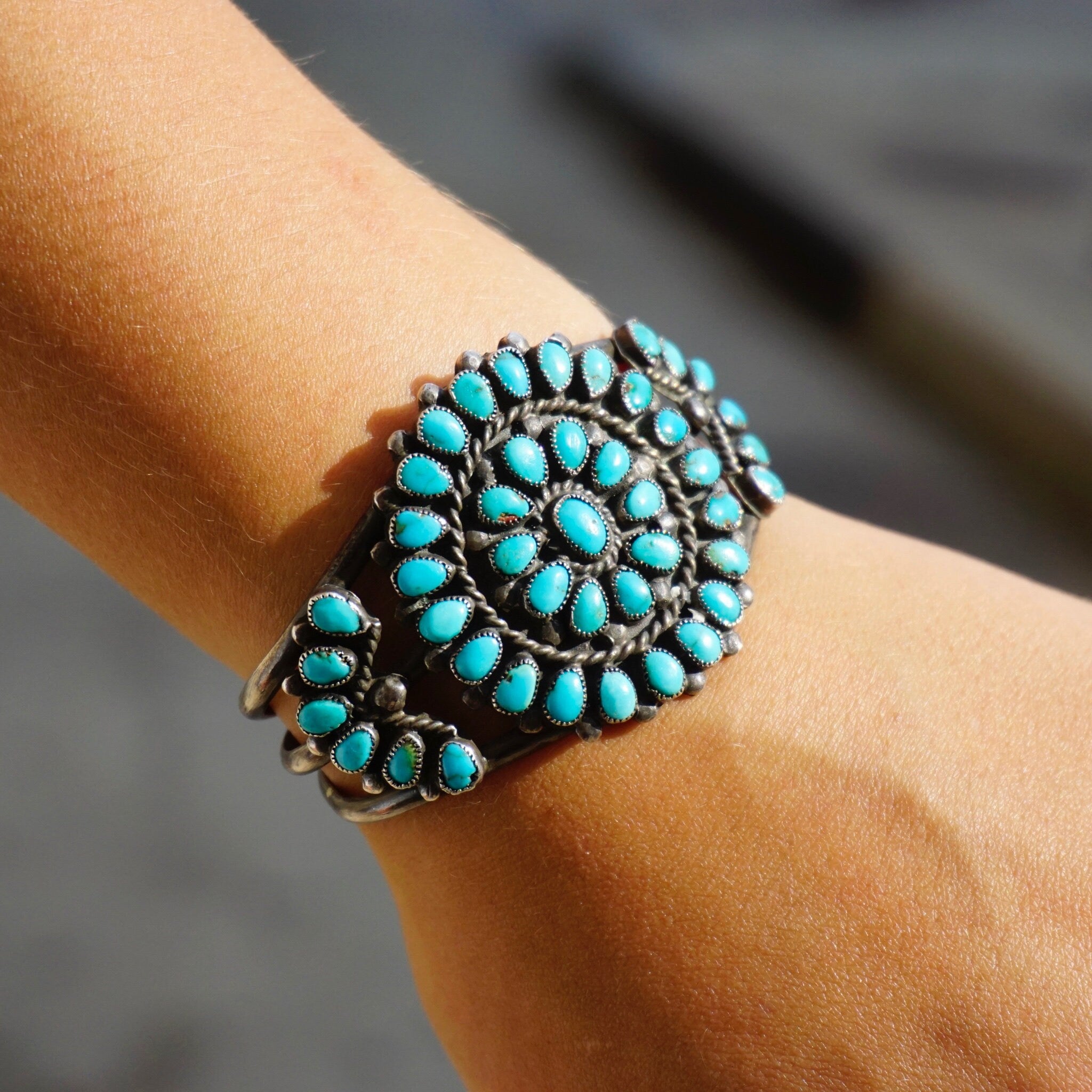 Vintage Native American Sterling Silver Turquoise Cluster Bracelet Cuff, Navajo/Zuni Silver Cuff With Turquoise Stones, Old Pawn Jewelry