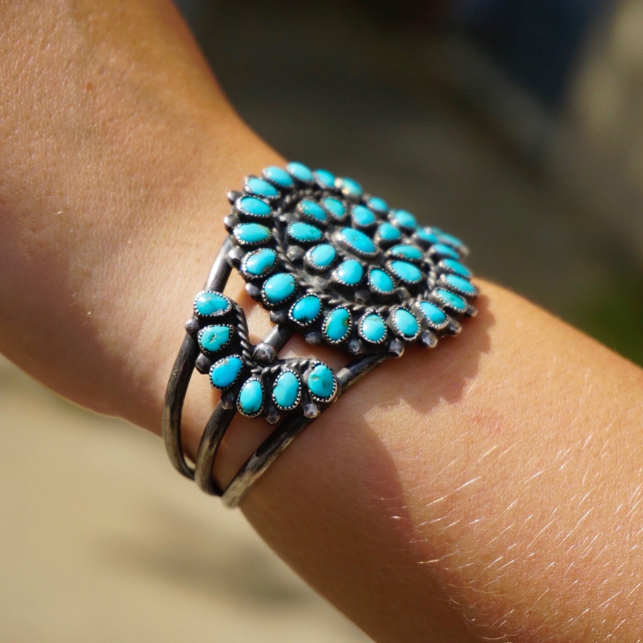 Vintage Native American Sterling Silver Turquoise Cluster Bracelet Cuff, Navajo/Zuni Silver Cuff With Turquoise Stones, Old Pawn Jewelry