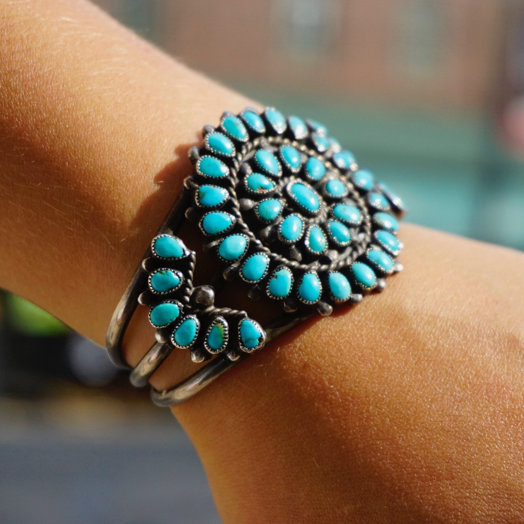 Vintage Native American Sterling Silver Turquoise Cluster Bracelet Cuff, Navajo/Zuni Silver Cuff With Turquoise Stones, Old Pawn Jewelry