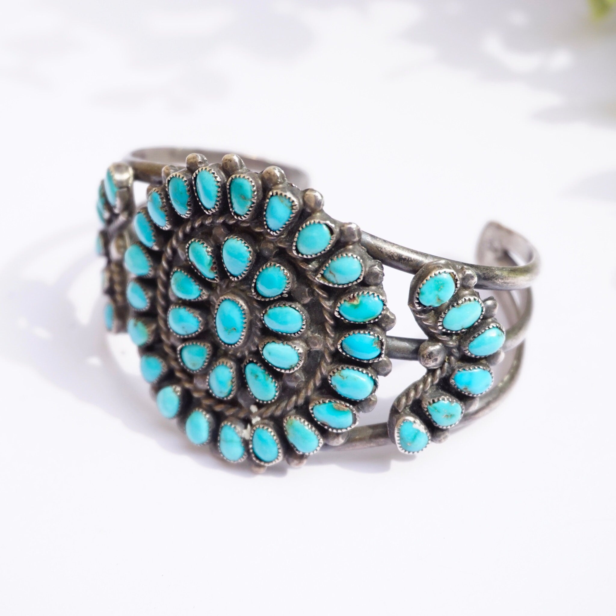 Vintage Native American Sterling Silver Turquoise Cluster Bracelet Cuff, Navajo/Zuni Silver Cuff With Turquoise Stones, Old Pawn Jewelry