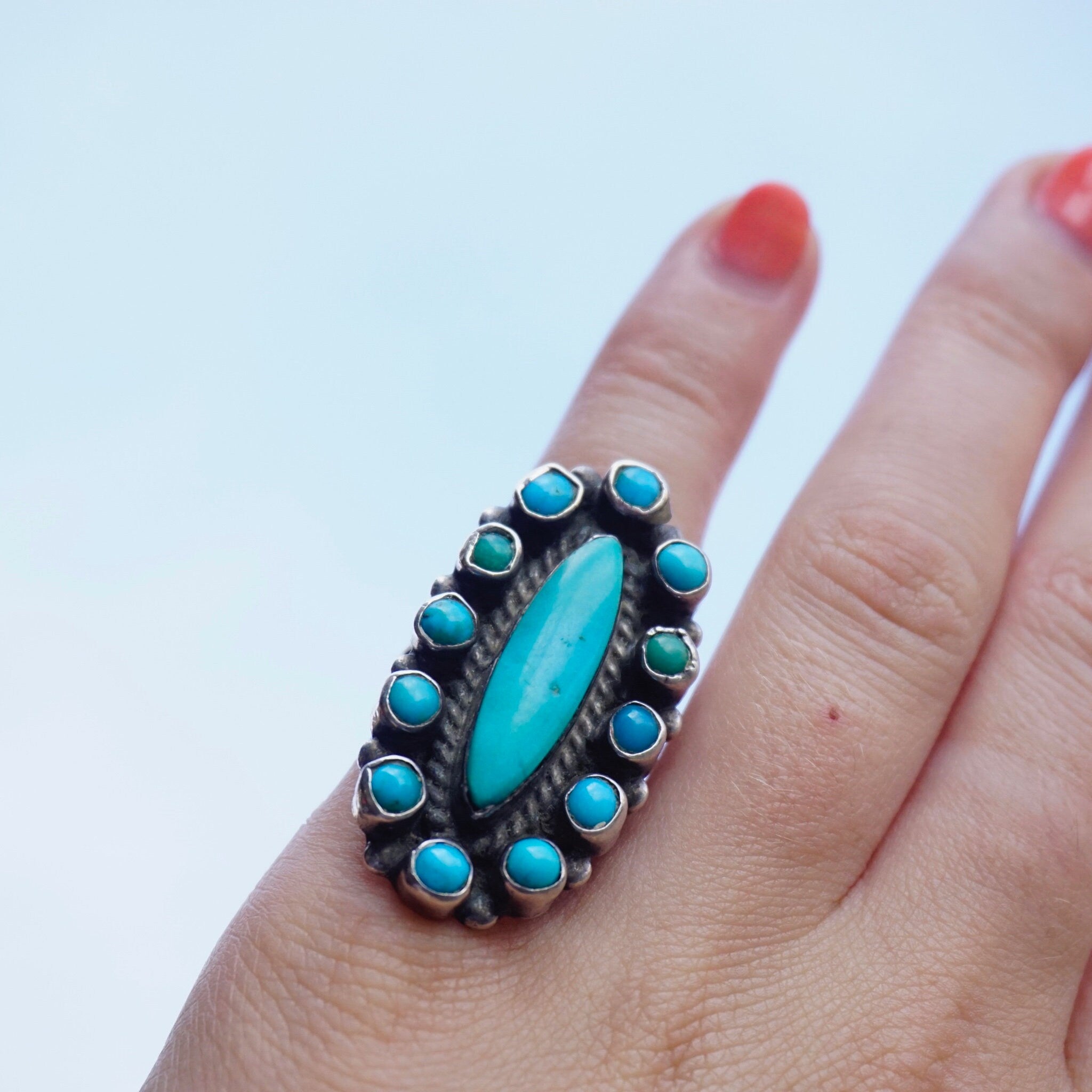 Vintage Native American Sterling Silver Turquoise Ring, Elongated Navajo/Zuni Multi-Color Turquoise and Silver Ring, Petite Old Pawn Ring