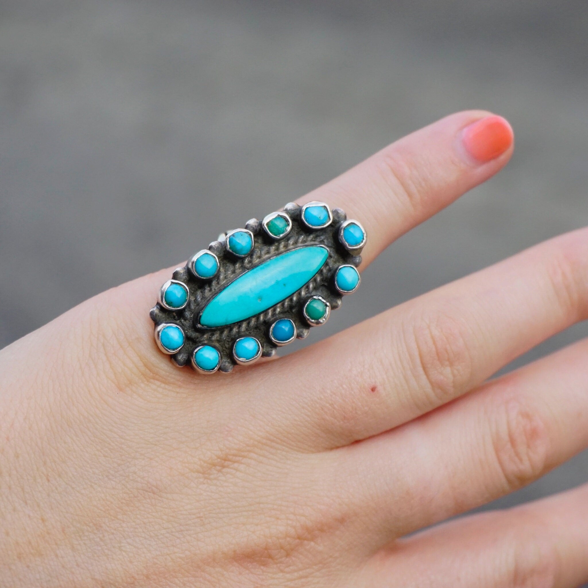Vintage Native American Sterling Silver Turquoise Ring, Elongated Navajo/Zuni Multi-Color Turquoise and Silver Ring, Petite Old Pawn Ring