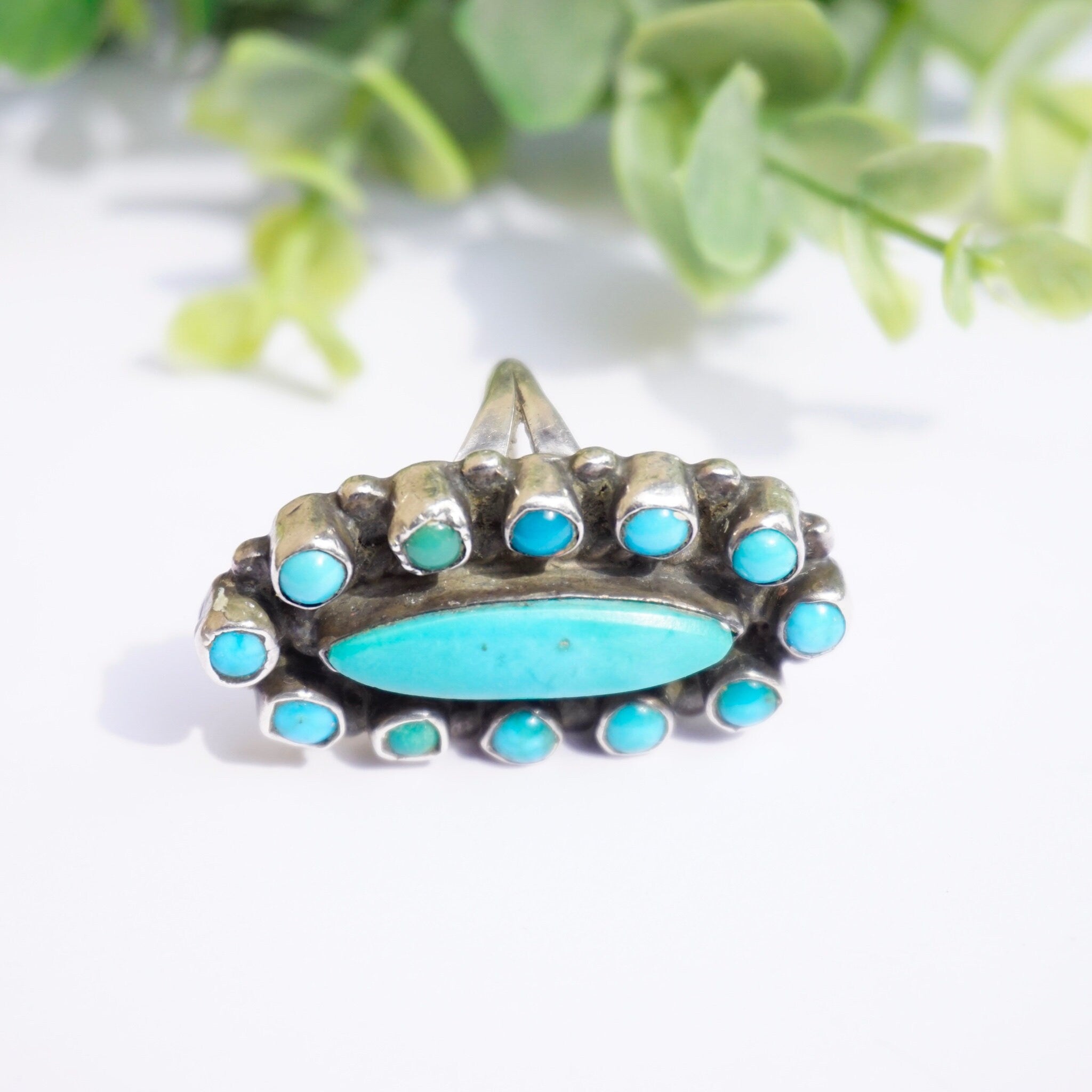 Vintage Native American Sterling Silver Turquoise Ring, Elongated Navajo/Zuni Multi-Color Turquoise and Silver Ring, Petite Old Pawn Ring