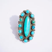 Vintage Native American Sterling Silver Turquoise Ring, Elongated Navajo/Zuni Multi-Color Turquoise and Silver Ring, Petite Old Pawn Ring