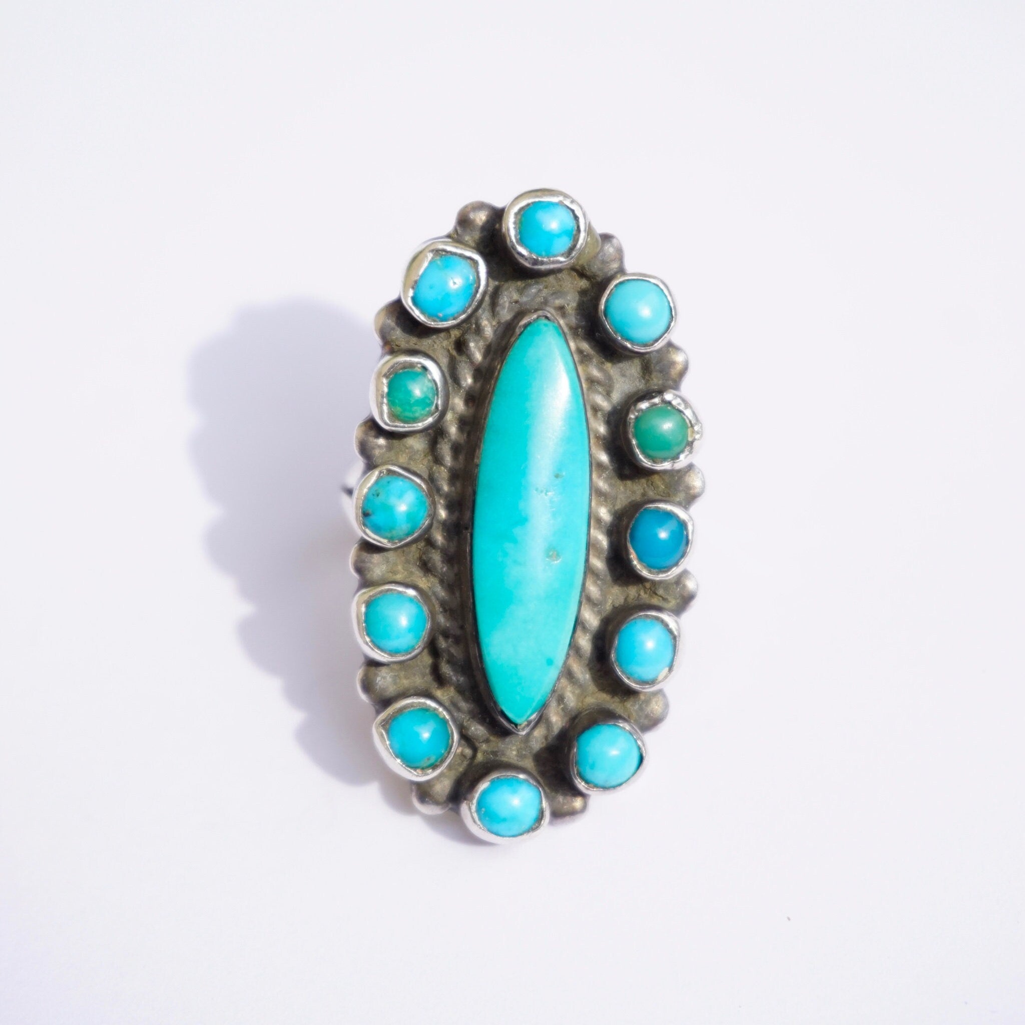 Vintage Native American Sterling Silver Turquoise Ring, Elongated Navajo/Zuni Multi-Color Turquoise and Silver Ring, Petite Old Pawn Ring