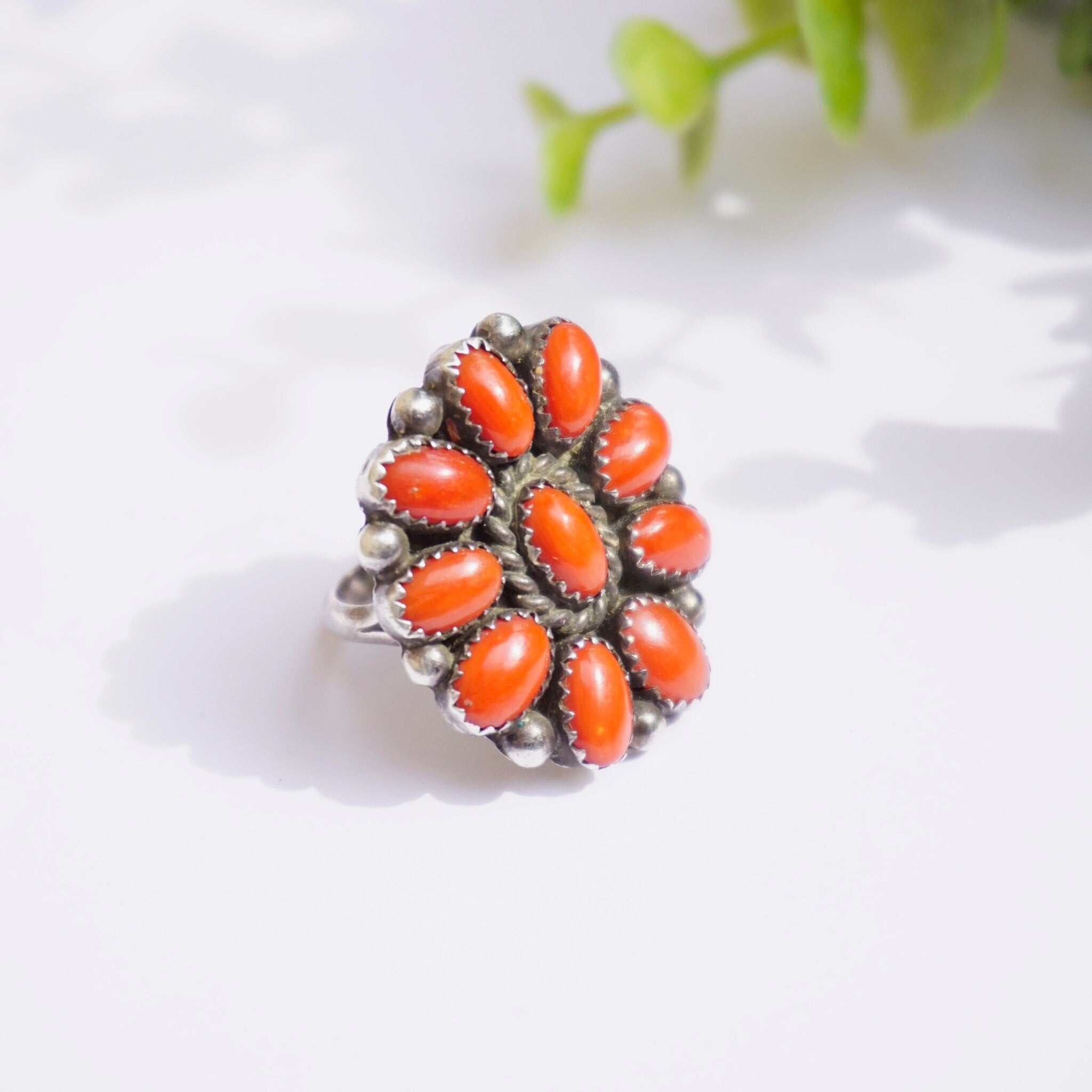 Zuni 10 Stone Coral Ring With Silver, Old Pawn Native American Jewelry