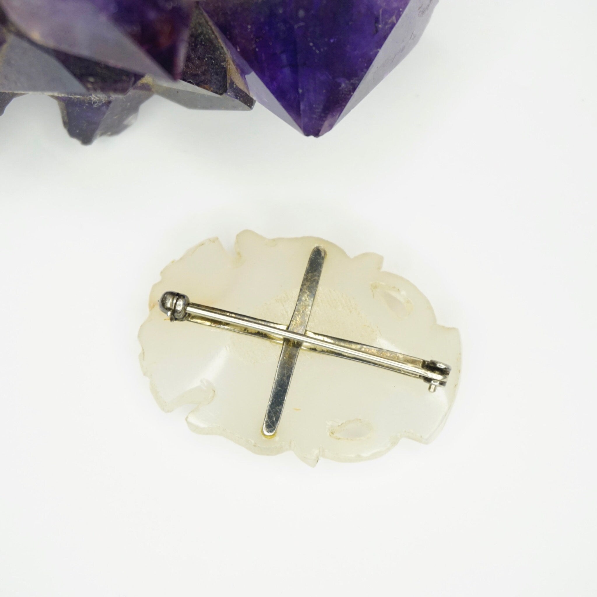 Vintage White Nephrite Jade Brooch Pendant, Antique Mutton Fat Jade With Carved Chinese Characters, Abstract White Jade Brooch