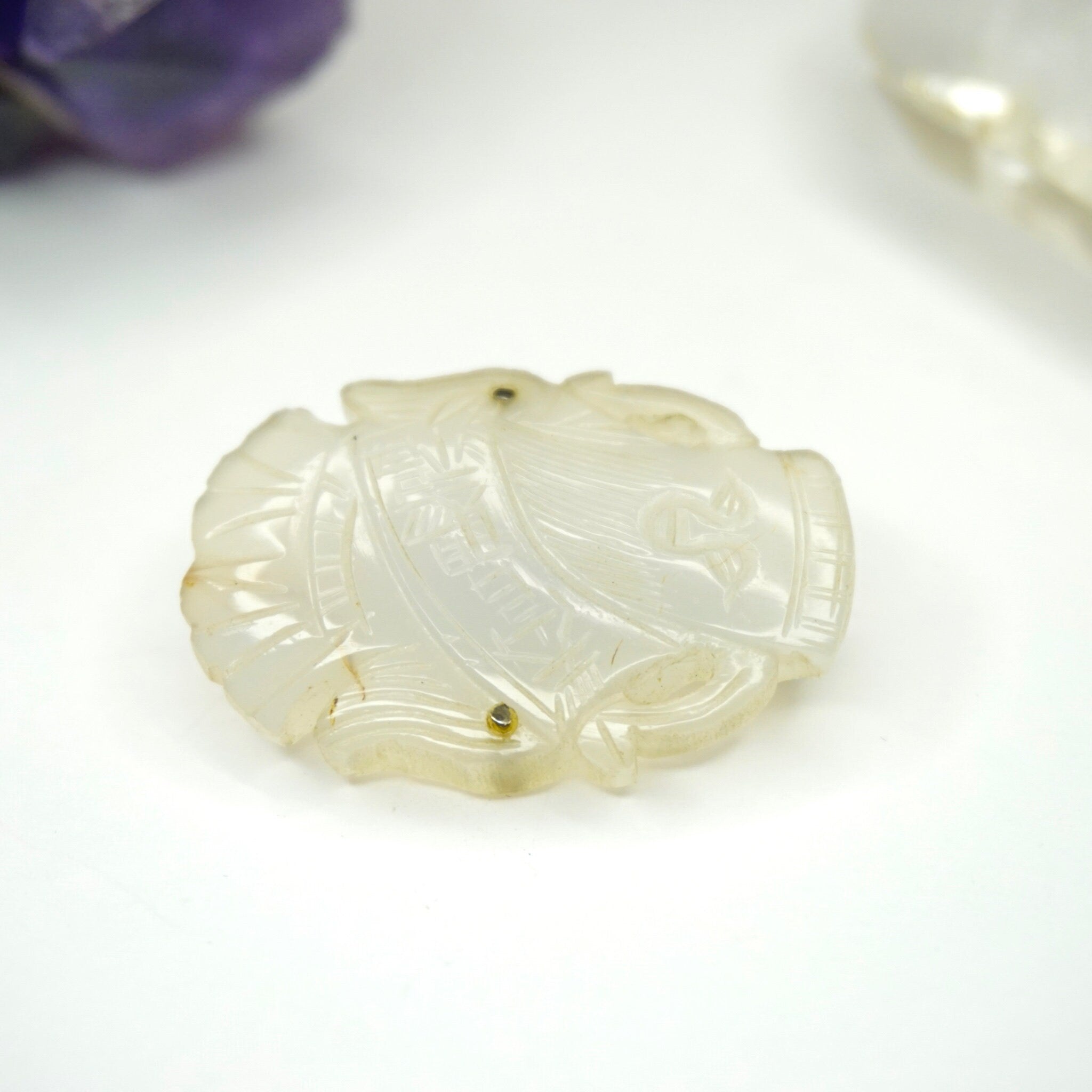 Vintage White Nephrite Jade Brooch Pendant, Antique Mutton Fat Jade With Carved Chinese Characters, Abstract White Jade Brooch