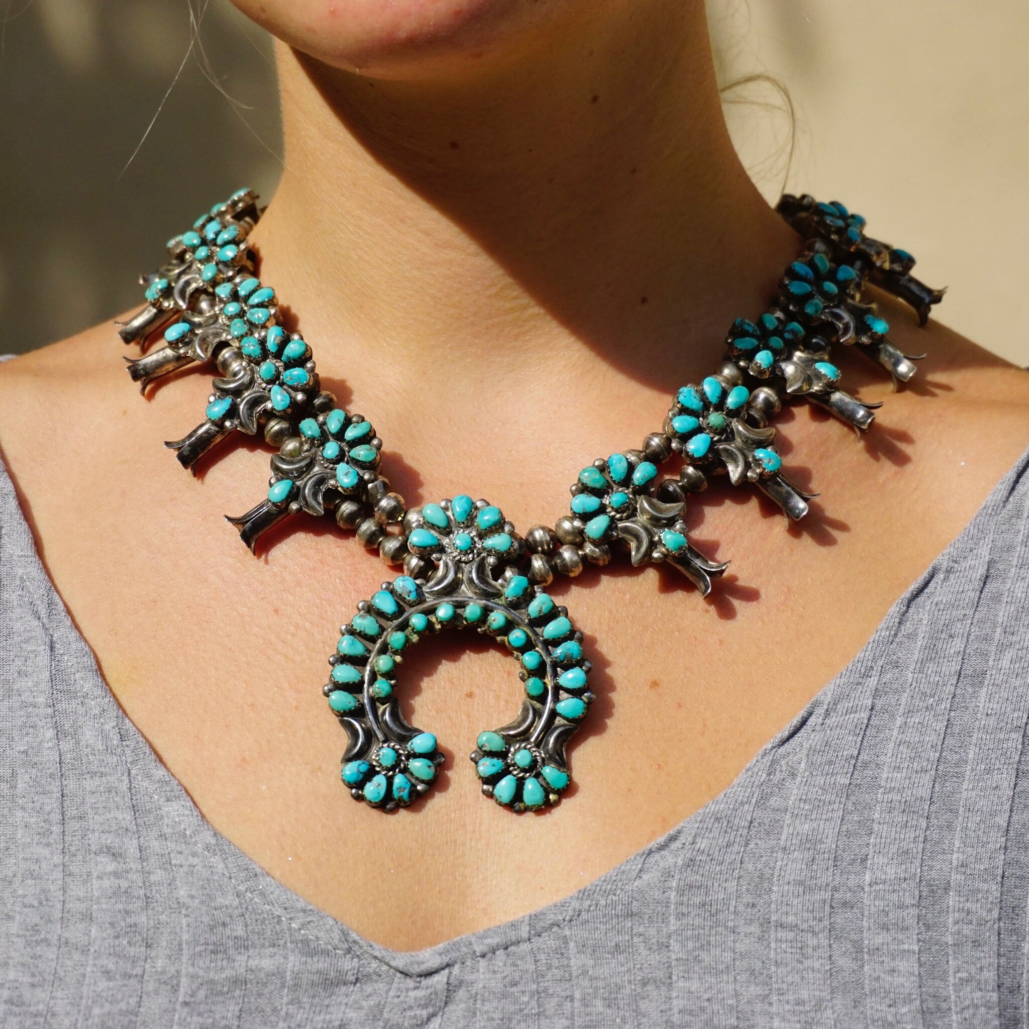 Vintage Native American Zuni Squash Blossom Necklace, Sterling Silver and Natural Turquoise Stone Necklace, Old Pawn Turquoise Jewelry