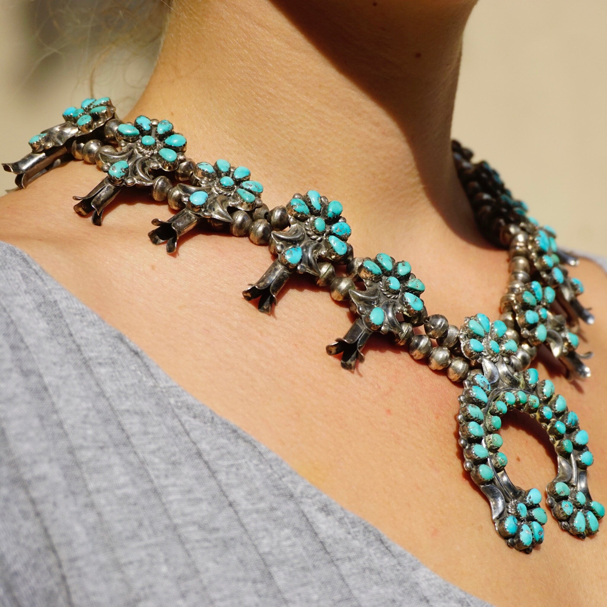 Vintage Native American Zuni Squash Blossom Necklace, Sterling Silver and Natural Turquoise Stone Necklace, Old Pawn Turquoise Jewelry